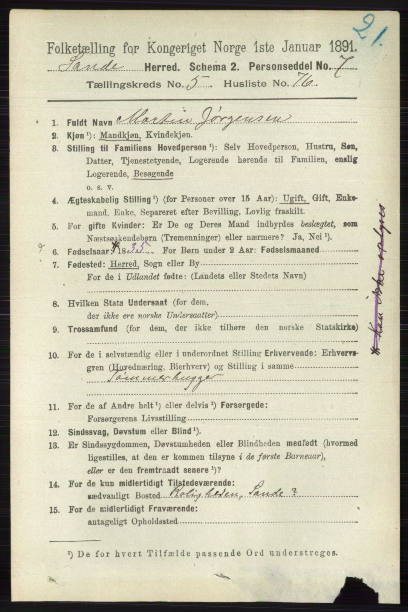 RA, 1891 census for 0713 Sande, 1891, p. 2607