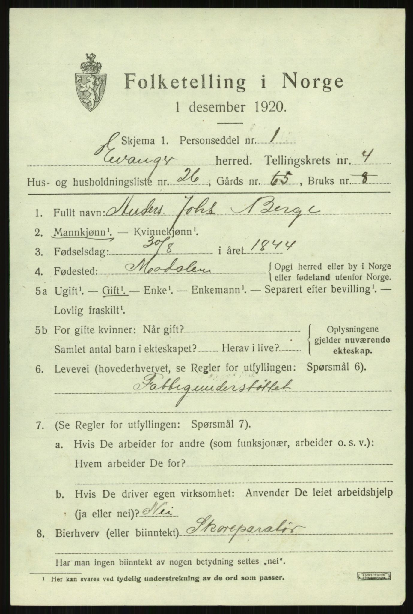 SAB, 1920 census for Evanger, 1920, p. 1649