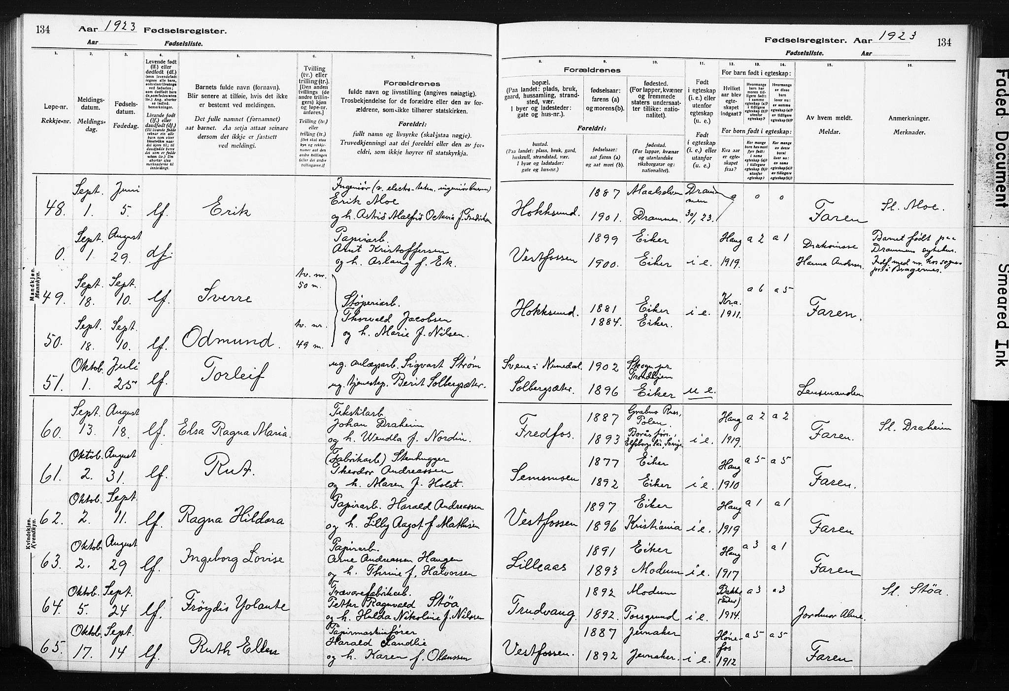 Eiker kirkebøker, AV/SAKO-A-4/J/Ja/L0001: Birth register no. I 1, 1916-1927, p. 134