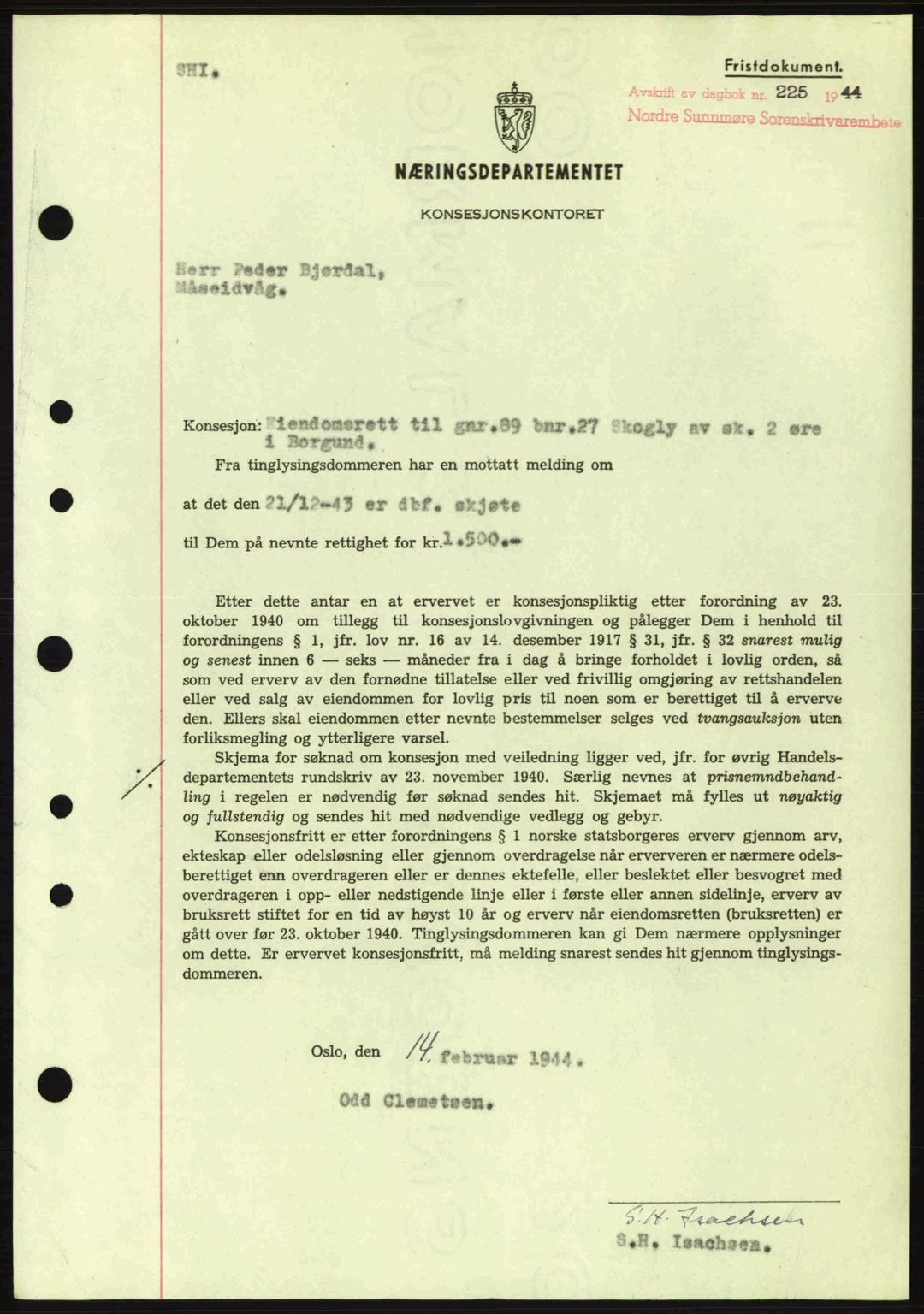 Nordre Sunnmøre sorenskriveri, SAT/A-0006/1/2/2C/2Ca: Mortgage book no. B6-14 a, 1942-1945, Diary no: : 225/1944