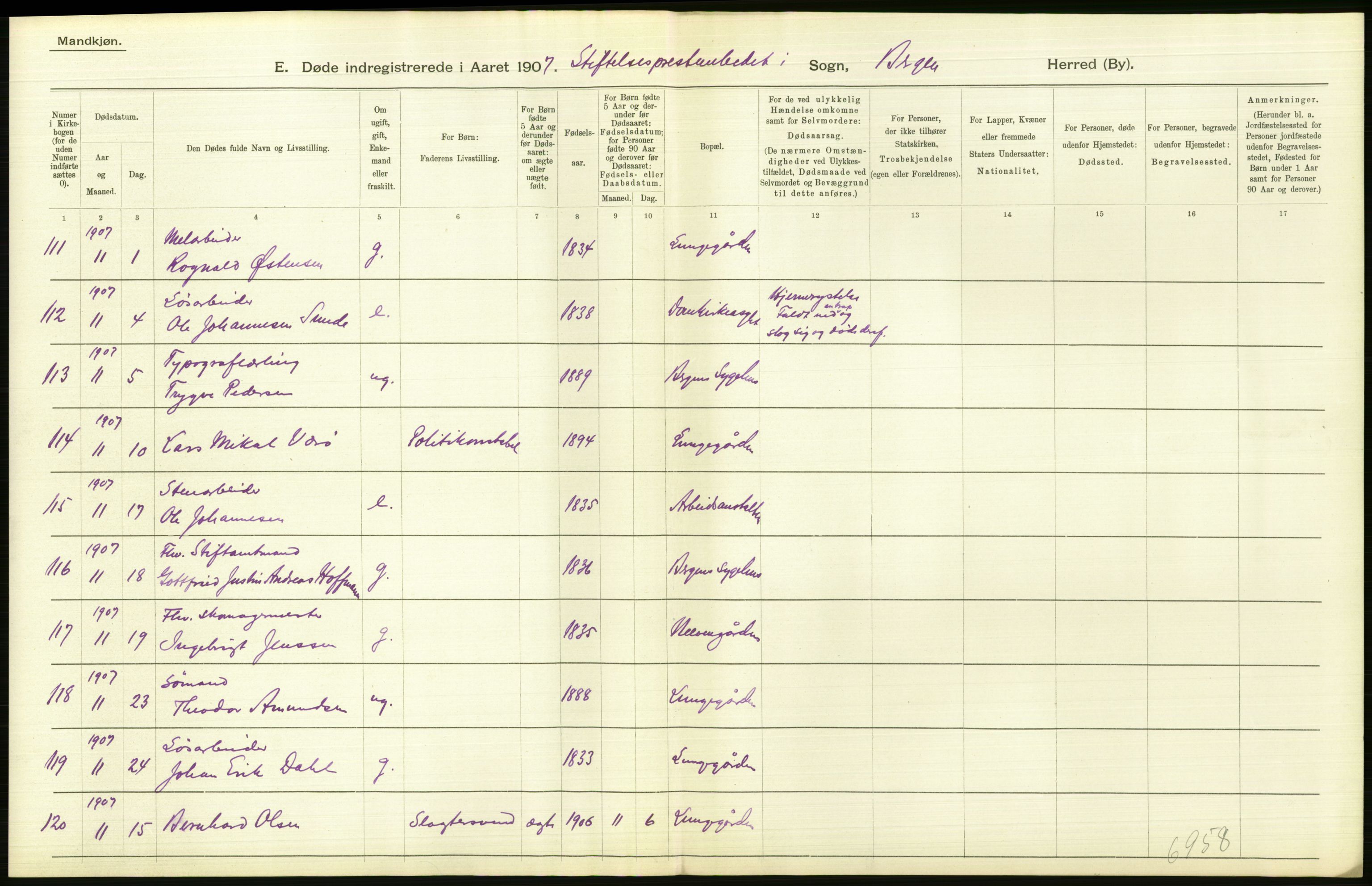 Statistisk sentralbyrå, Sosiodemografiske emner, Befolkning, AV/RA-S-2228/D/Df/Dfa/Dfae/L0031: Bergen: gifte, døde, dødfødte., 1907, p. 414