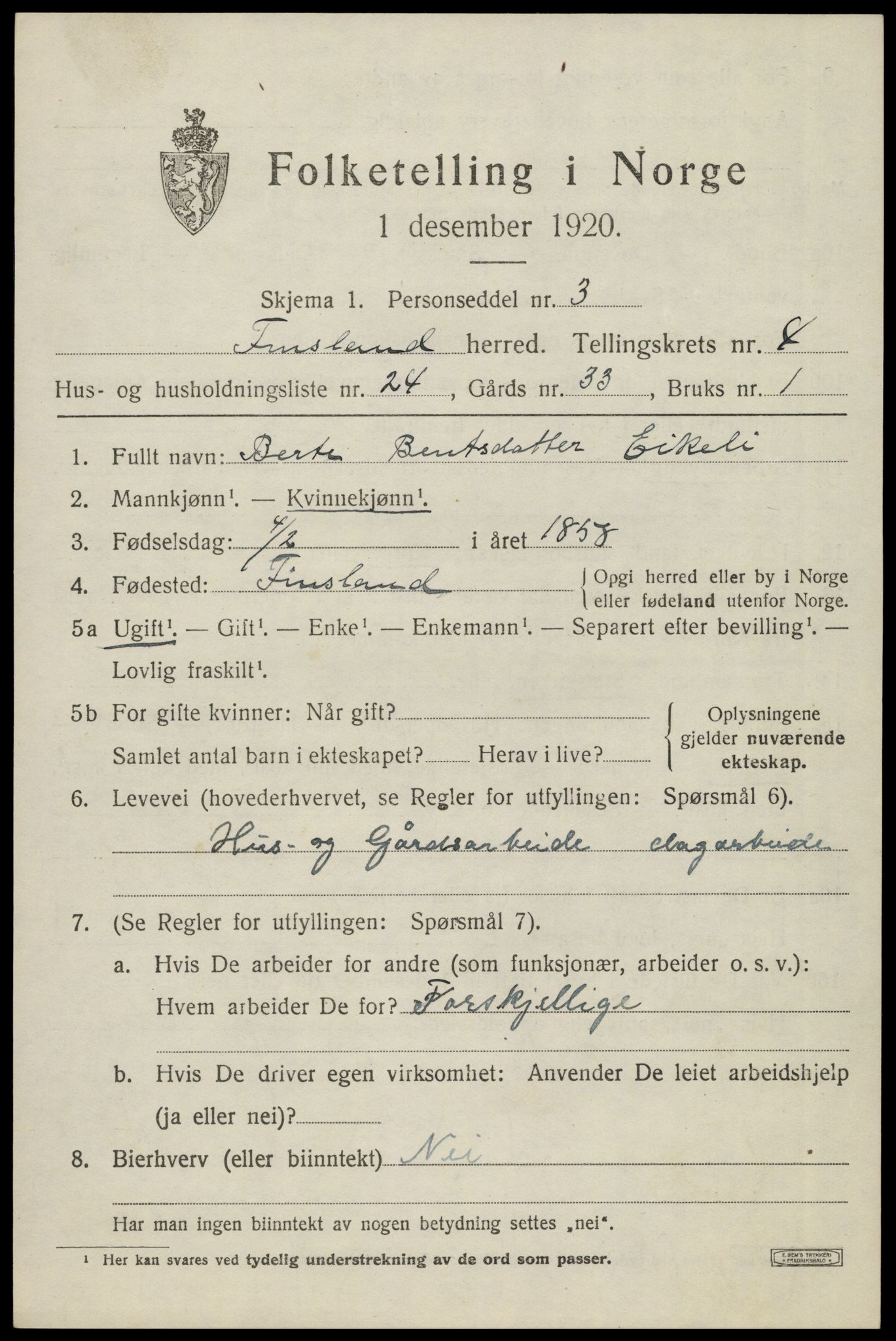 SAK, 1920 census for Finsland, 1920, p. 1806