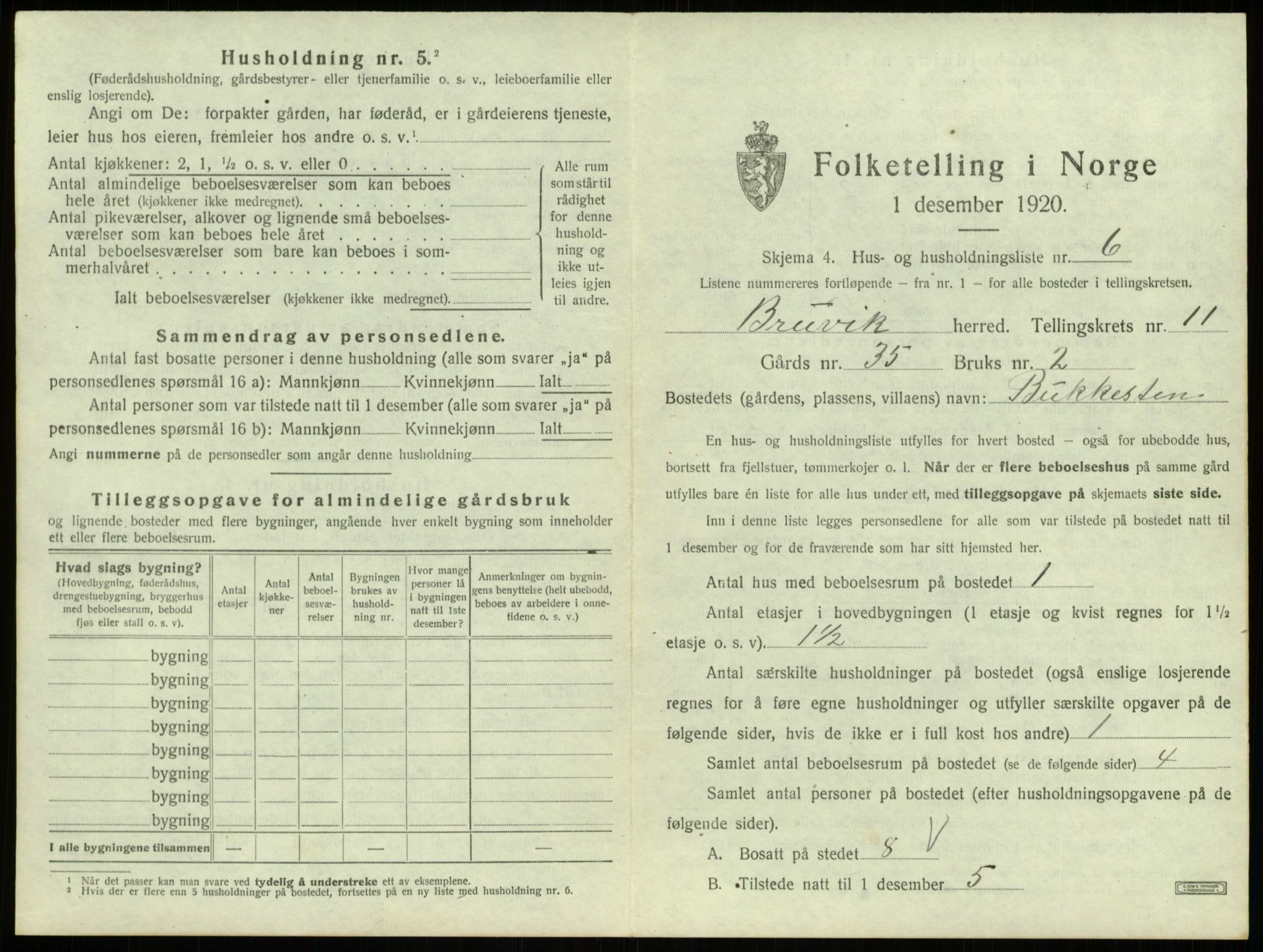 SAB, 1920 census for Bruvik, 1920, p. 833