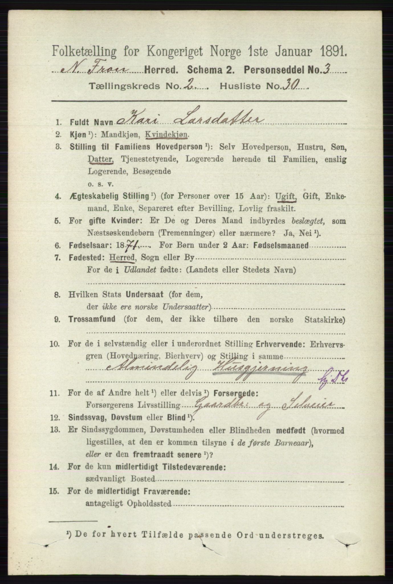 RA, 1891 census for 0518 Nord-Fron, 1891, p. 516