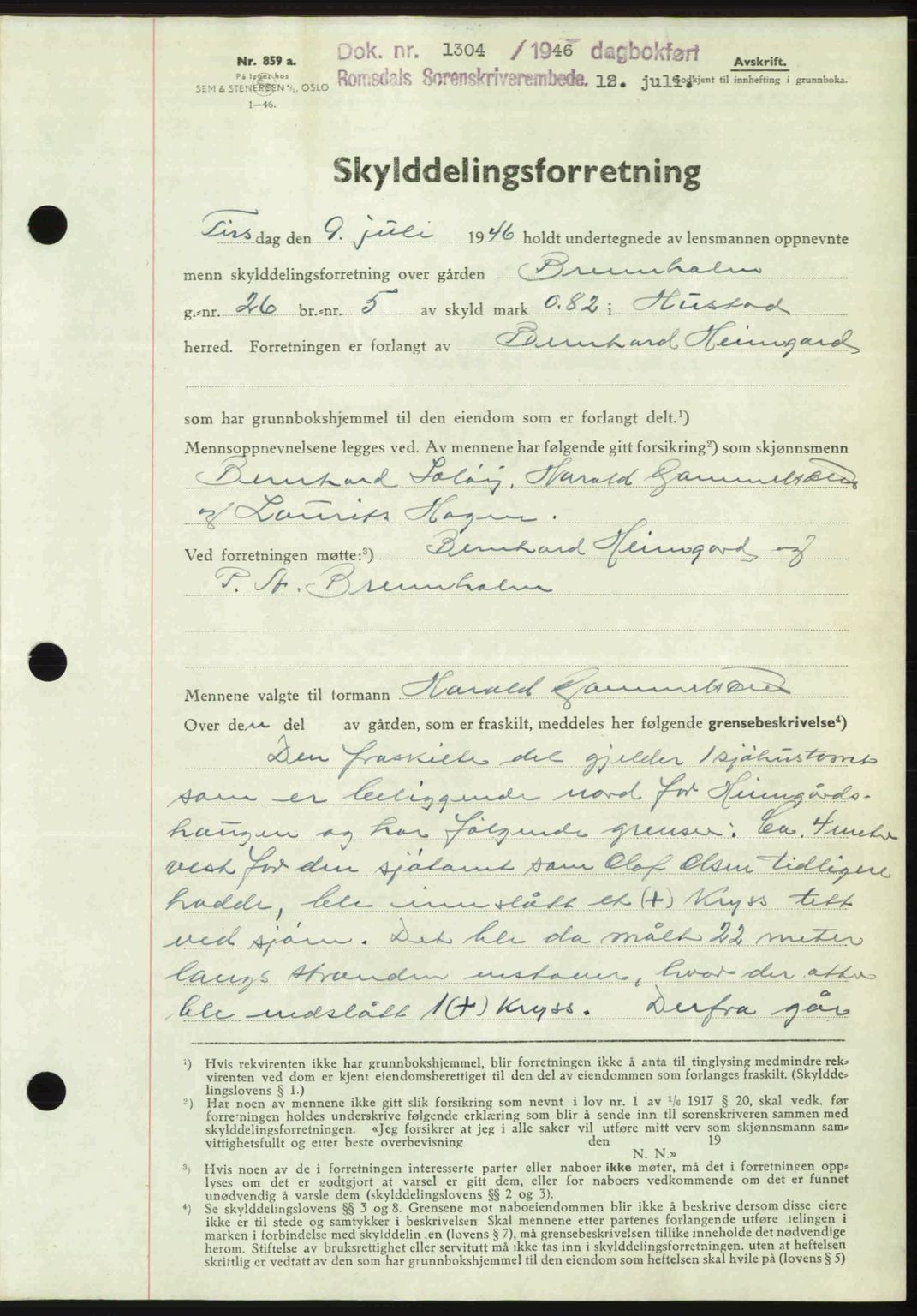 Romsdal sorenskriveri, AV/SAT-A-4149/1/2/2C: Mortgage book no. A20, 1946-1946, Diary no: : 1304/1946