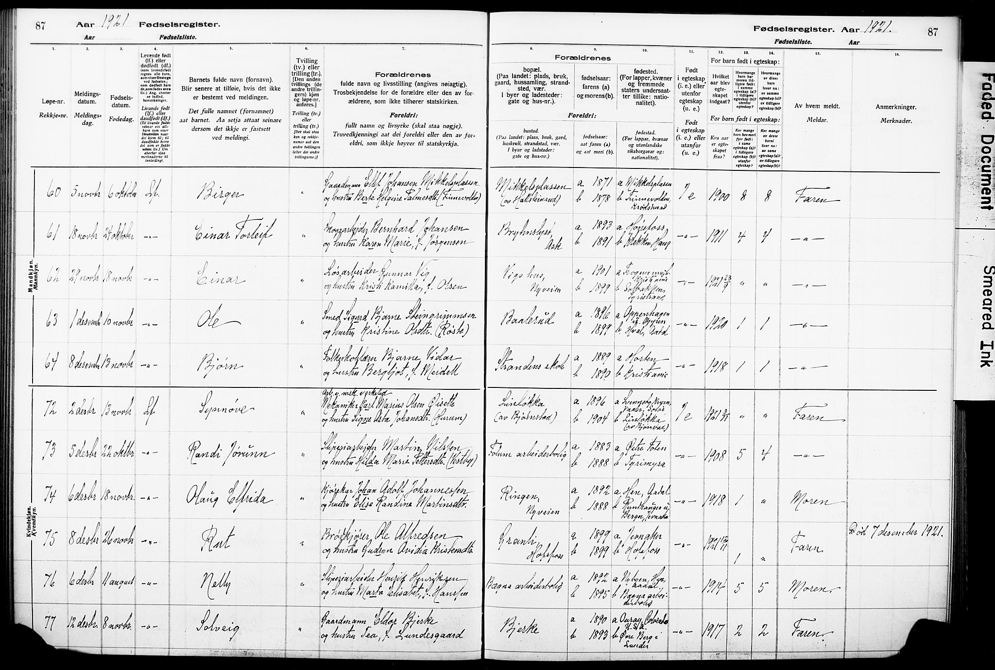 Norderhov kirkebøker, AV/SAKO-A-237/J/Ja/L0001: Birth register no. 1, 1916-1930, p. 87