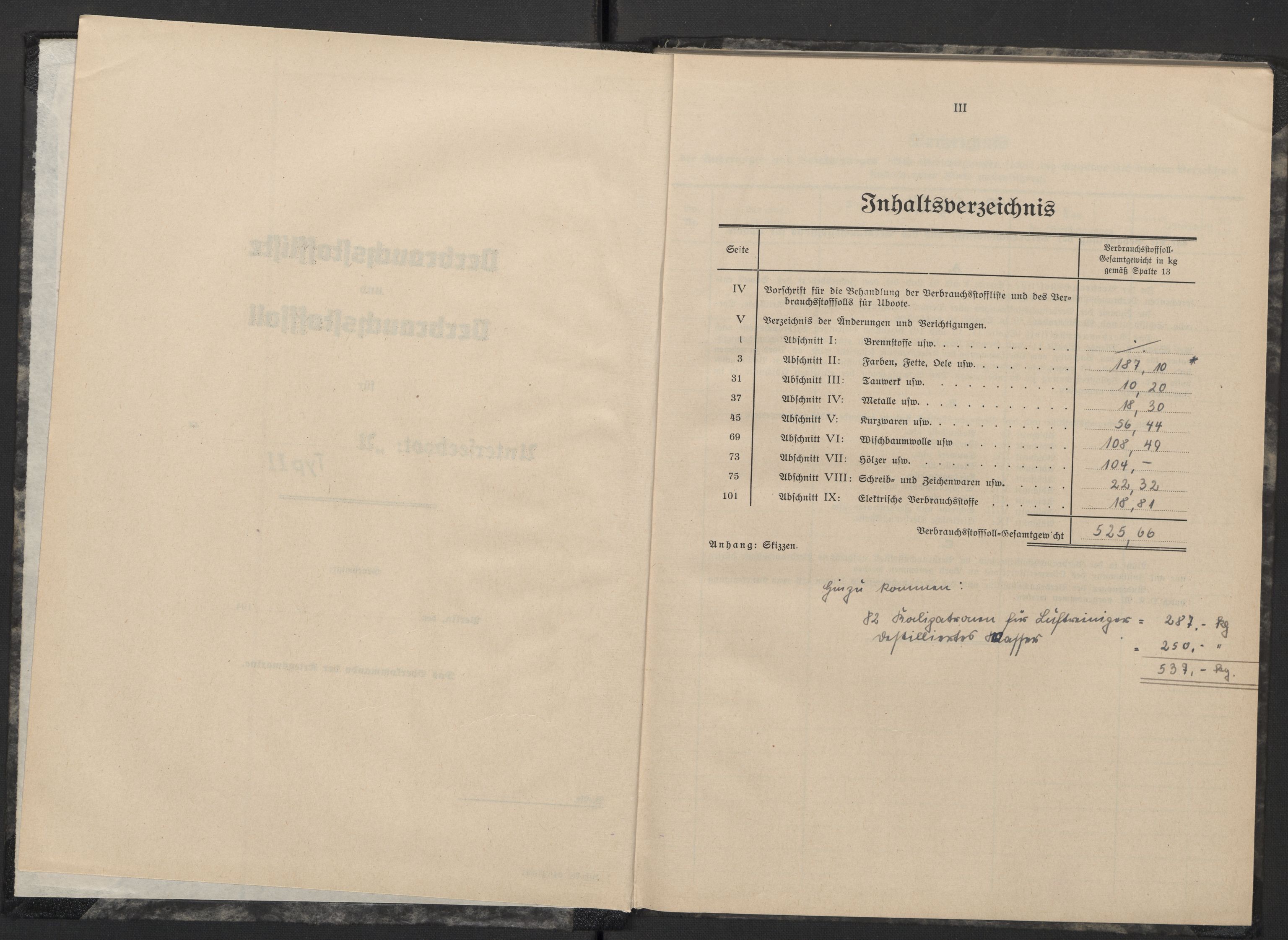 Kriegsmarine Norwegen, Unterseeboote, RA/RAFA-5082/F/L0002/0001: -- / Vorläufige Verbrauchstoffliste und Verbrauchstoffsoll für Untersee-Boote Typ II (121), 1940-1945