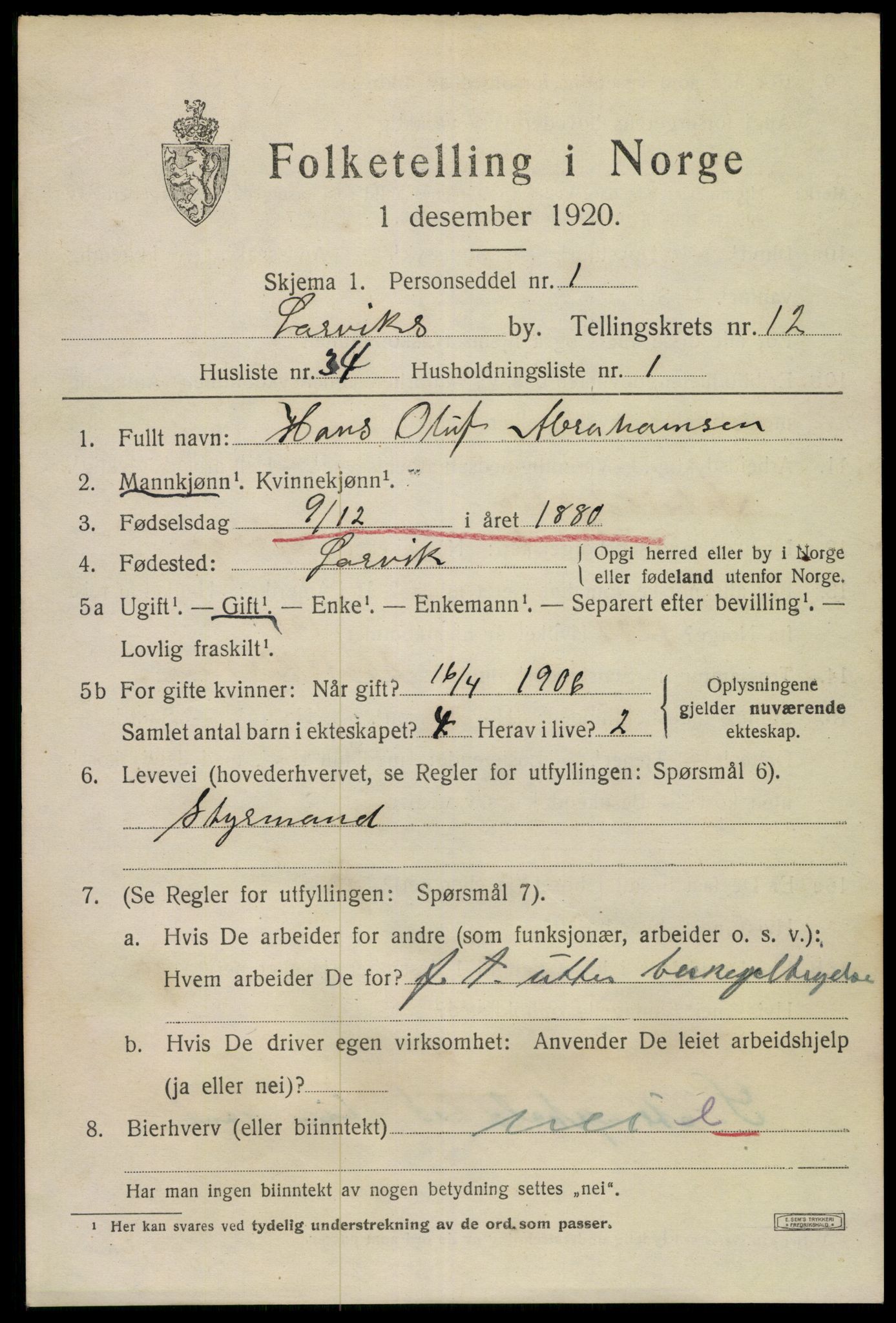 SAKO, 1920 census for Larvik, 1920, p. 31026