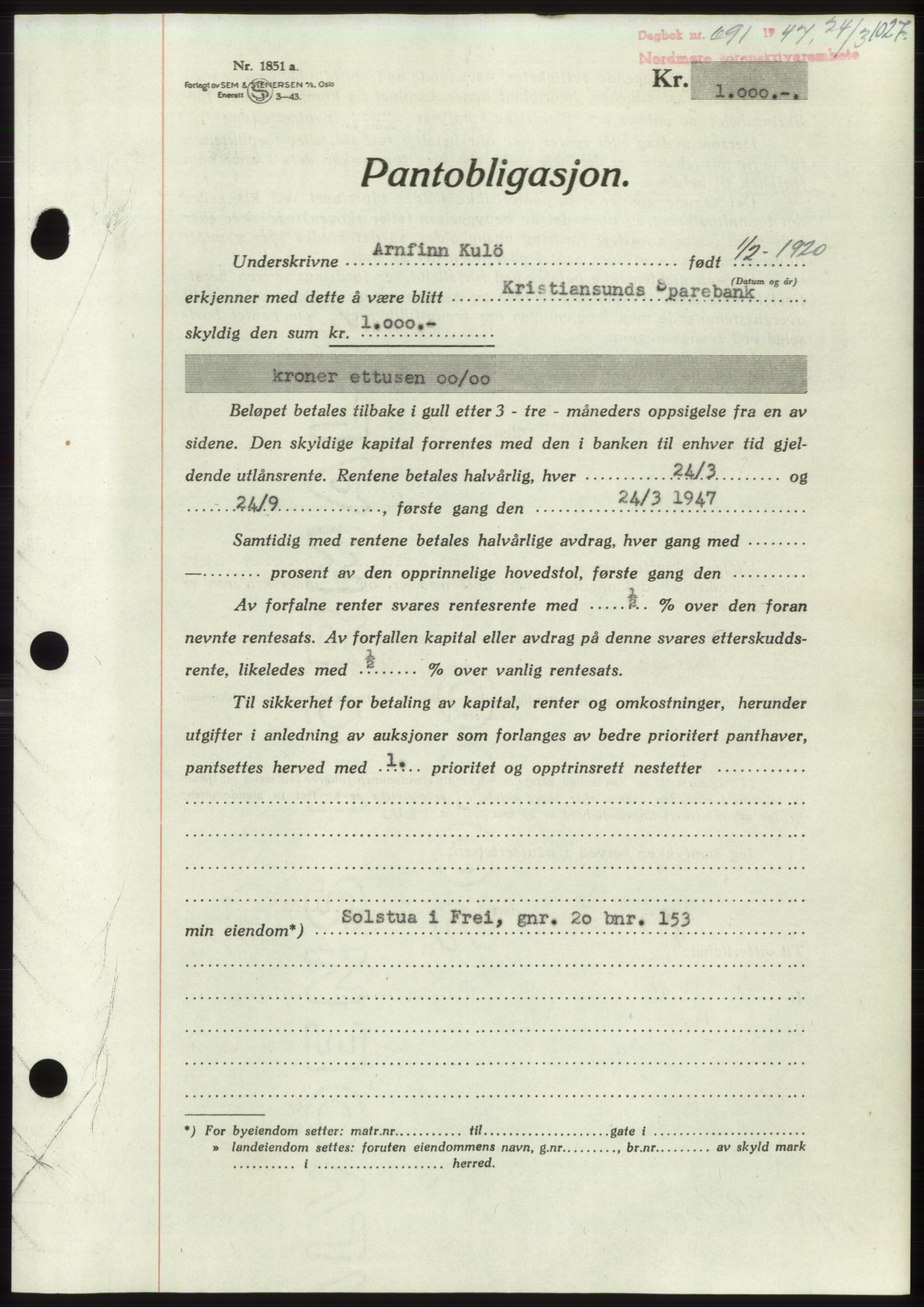 Nordmøre sorenskriveri, AV/SAT-A-4132/1/2/2Ca: Mortgage book no. B95, 1946-1947, Diary no: : 691/1947