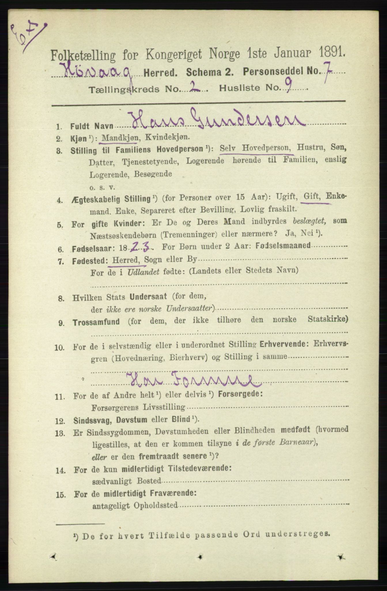 RA, Census 1891 for Nedenes amt: Gjenparter av personsedler for beslektede ektefeller, menn, 1891, p. 832