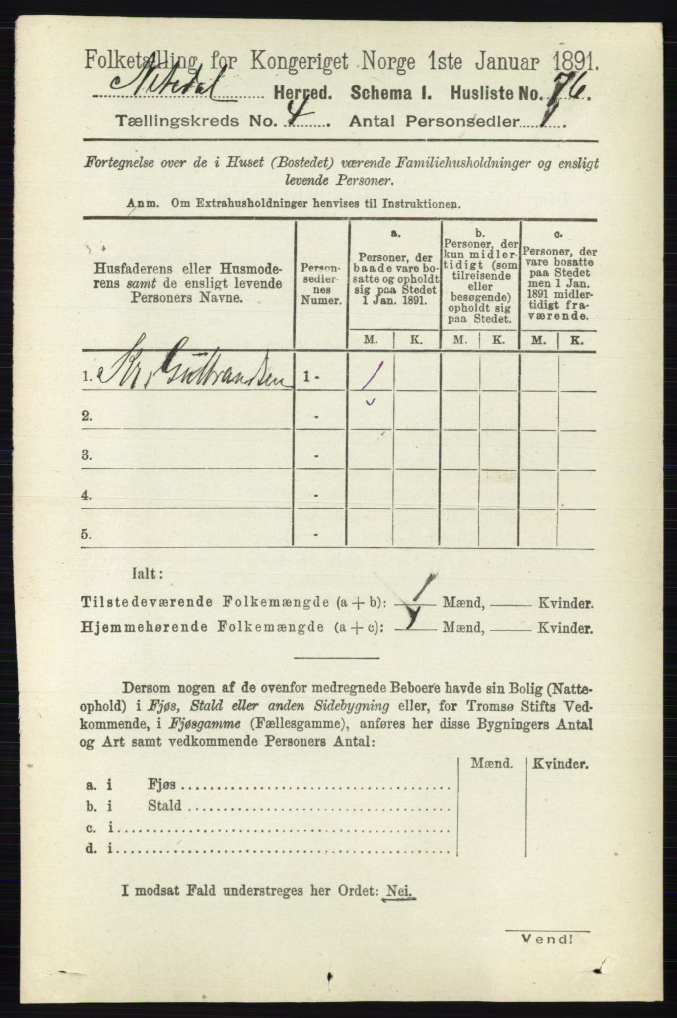 RA, 1891 census for 0233 Nittedal, 1891, p. 1696