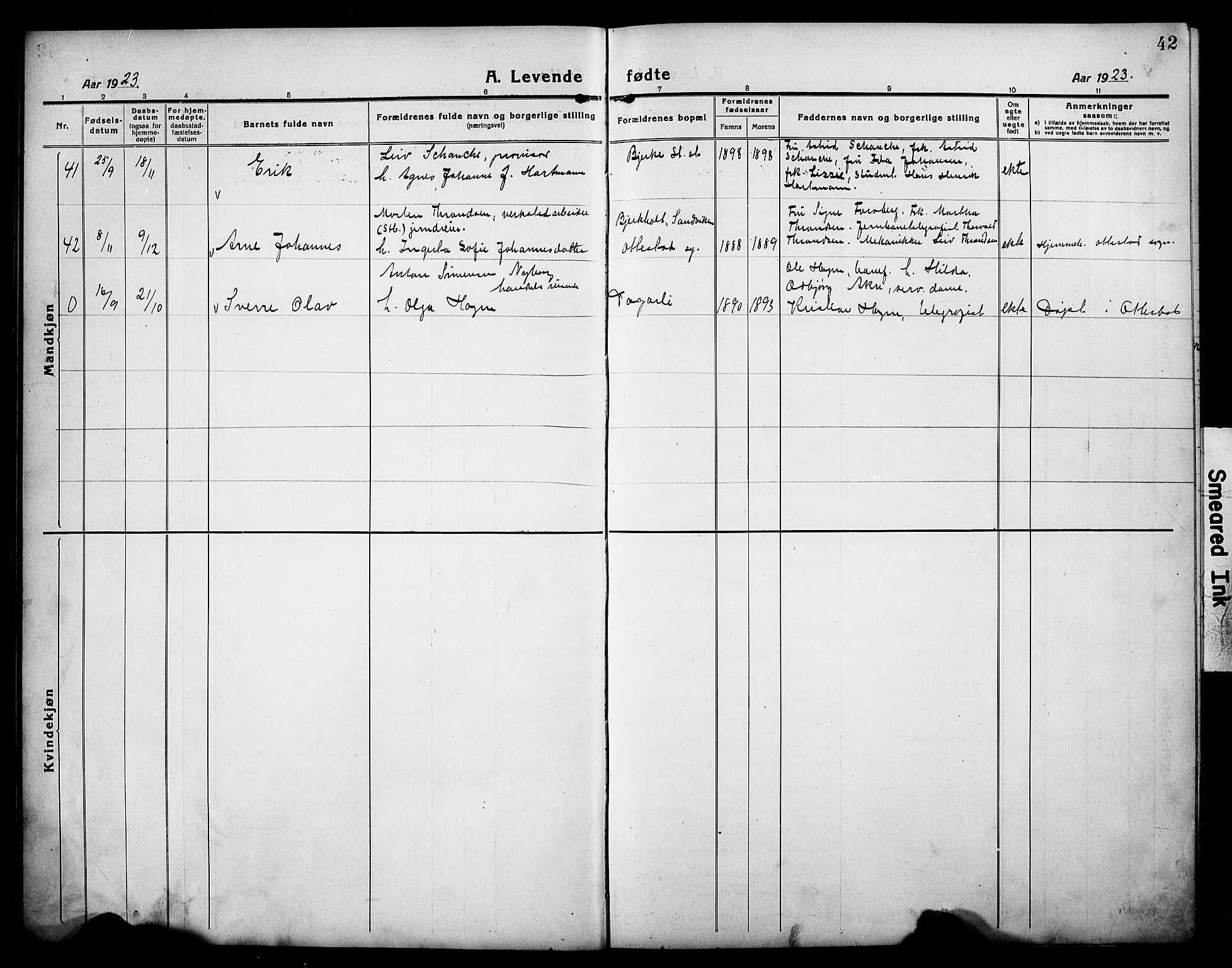 Stange prestekontor, AV/SAH-PREST-002/L/L0016: Parish register (copy) no. 16, 1918-1928, p. 42