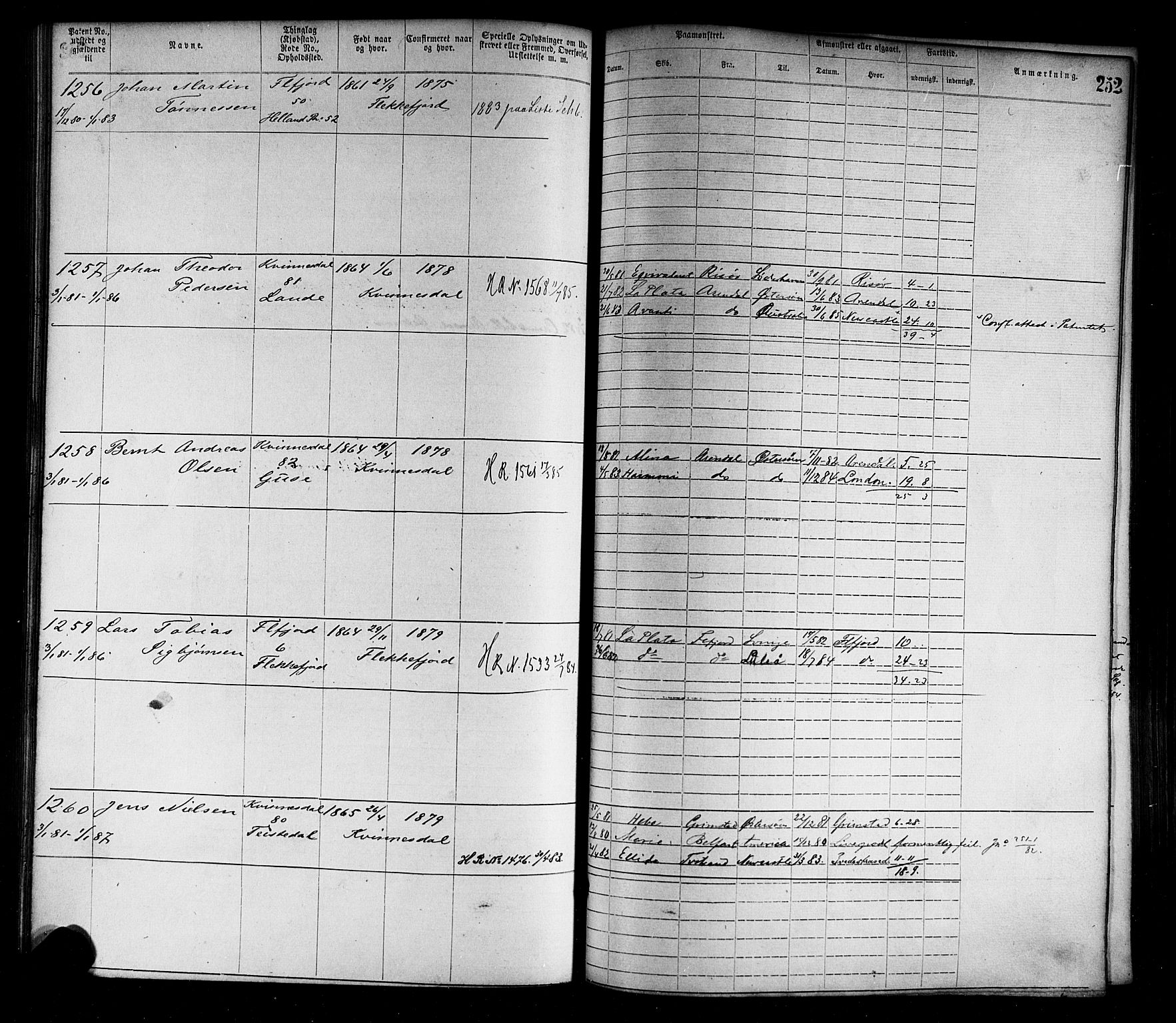 Flekkefjord mønstringskrets, SAK/2031-0018/F/Fa/L0002: Annotasjonsrulle nr 1-1920 med register, N-2, 1870-1891, p. 280