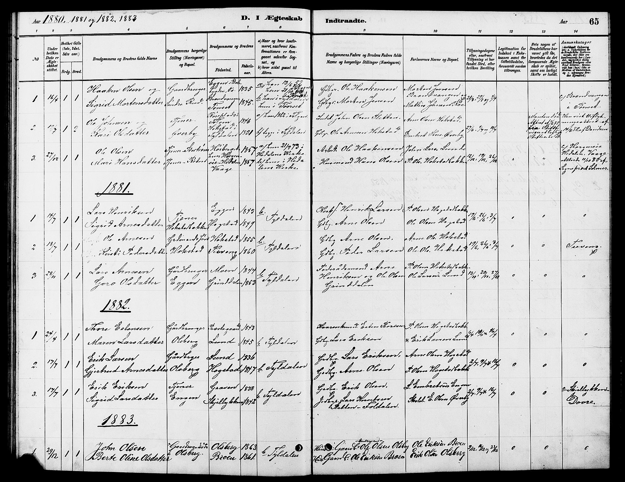 Tynset prestekontor, SAH/PREST-058/H/Ha/Hab/L0007: Parish register (copy) no. 7, 1880-1901, p. 65