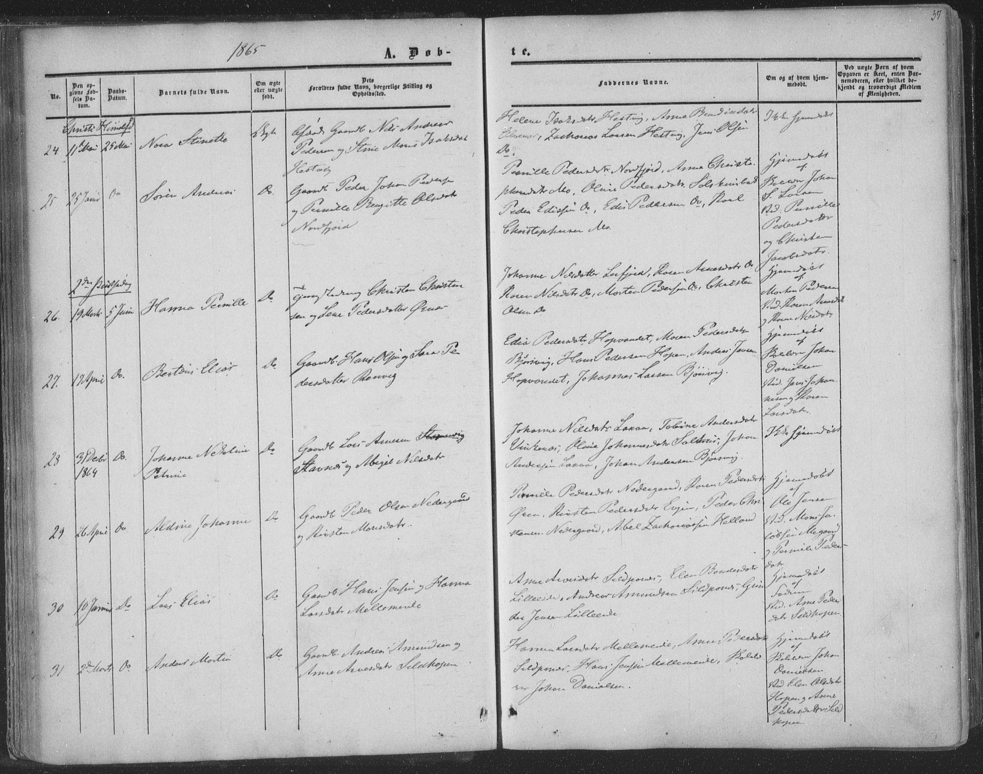 Ministerialprotokoller, klokkerbøker og fødselsregistre - Nordland, AV/SAT-A-1459/853/L0770: Parish register (official) no. 853A09, 1857-1870, p. 57