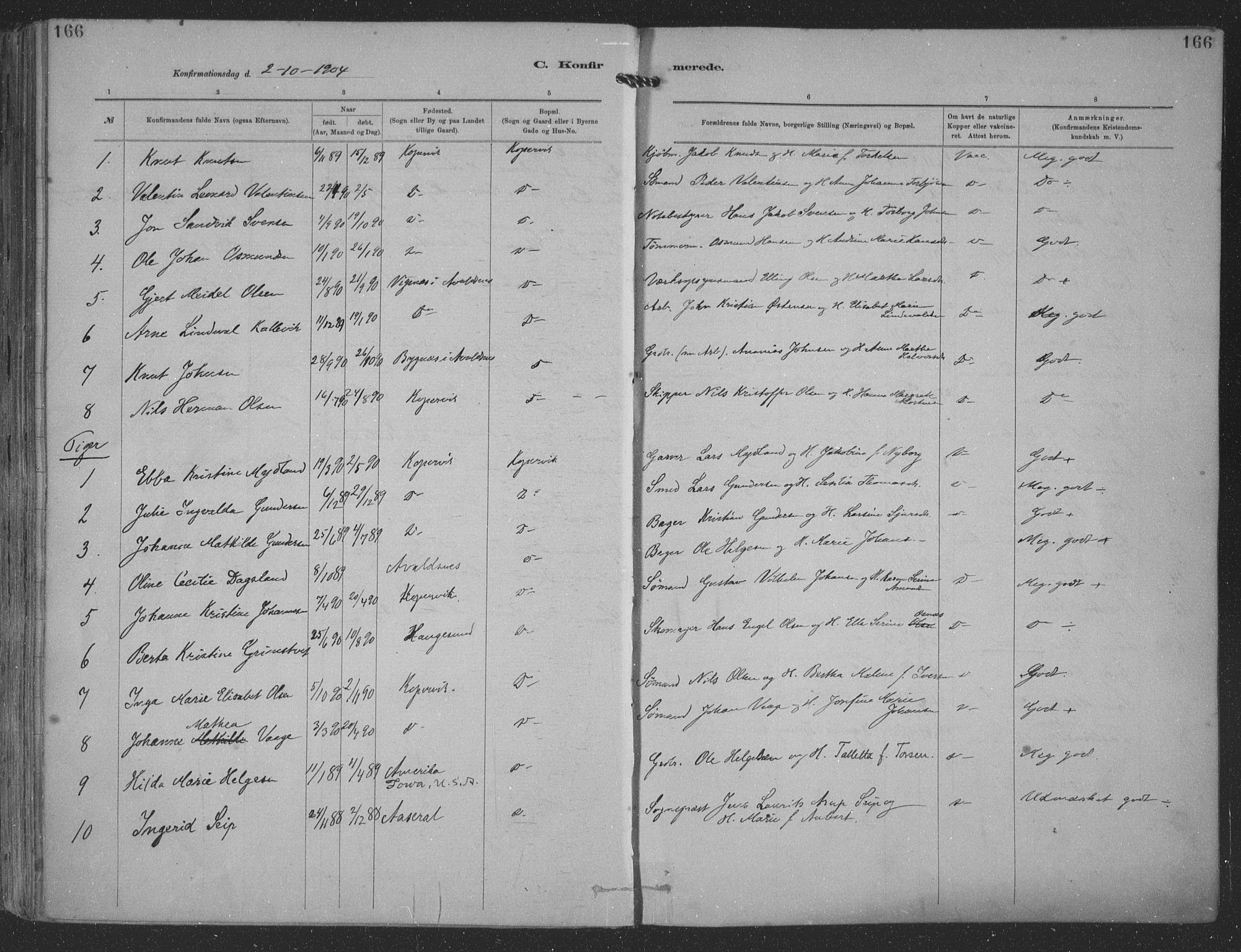 Kopervik sokneprestkontor, AV/SAST-A-101850/H/Ha/Haa/L0001: Parish register (official) no. A 1, 1880-1919, p. 166