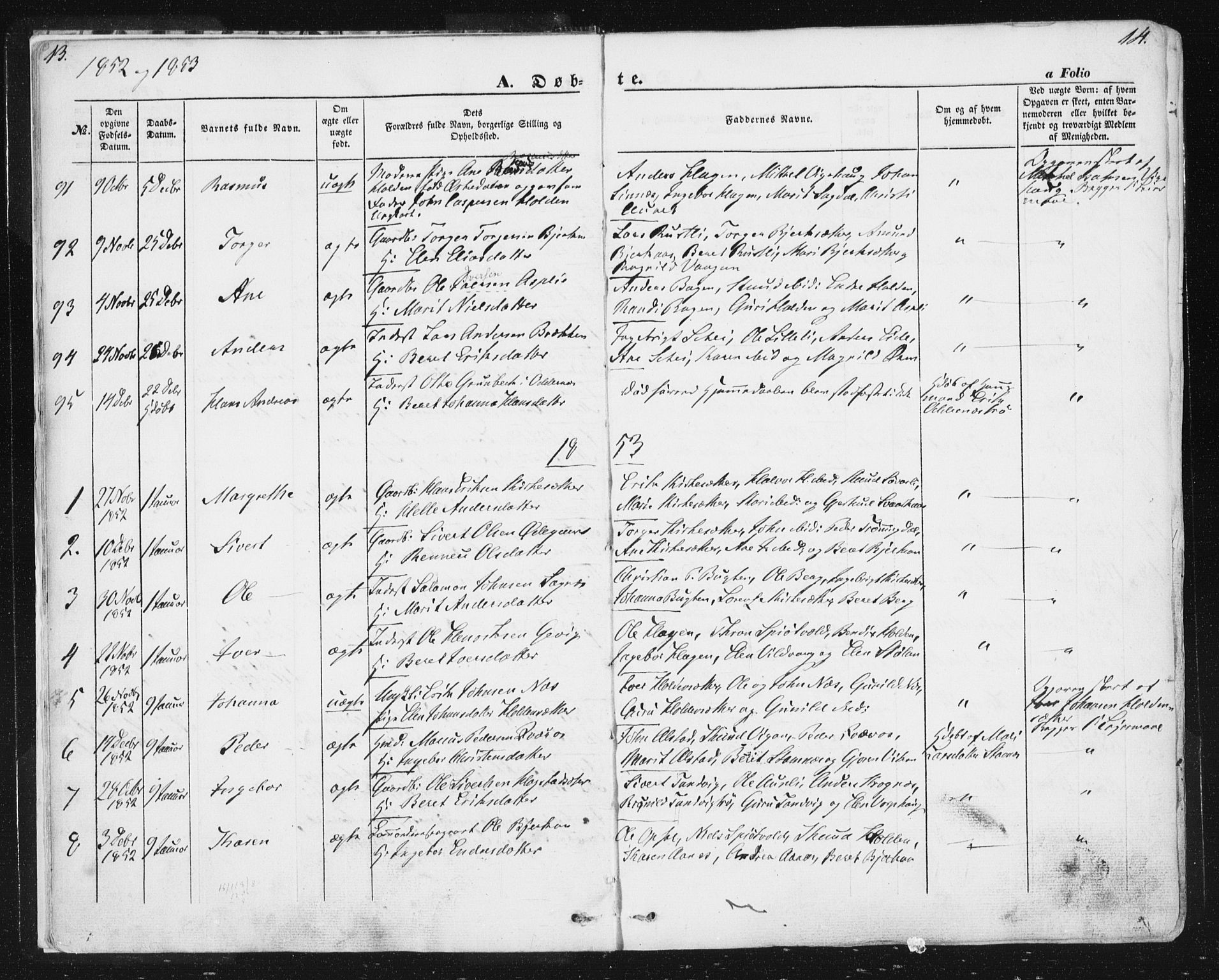 Ministerialprotokoller, klokkerbøker og fødselsregistre - Sør-Trøndelag, SAT/A-1456/630/L0494: Parish register (official) no. 630A07, 1852-1868, p. 13-14
