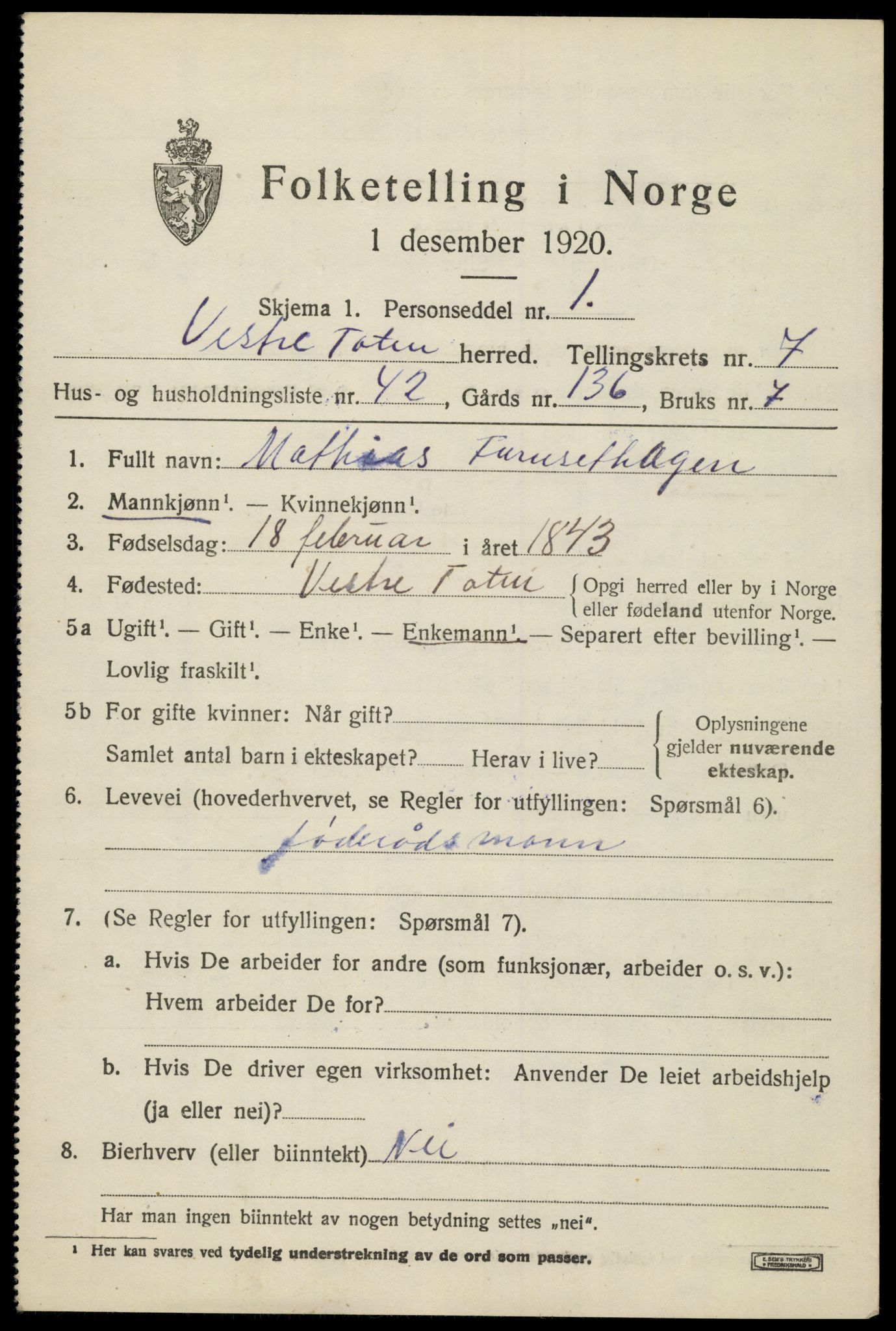 SAH, 1920 census for Vestre Toten, 1920, p. 9700