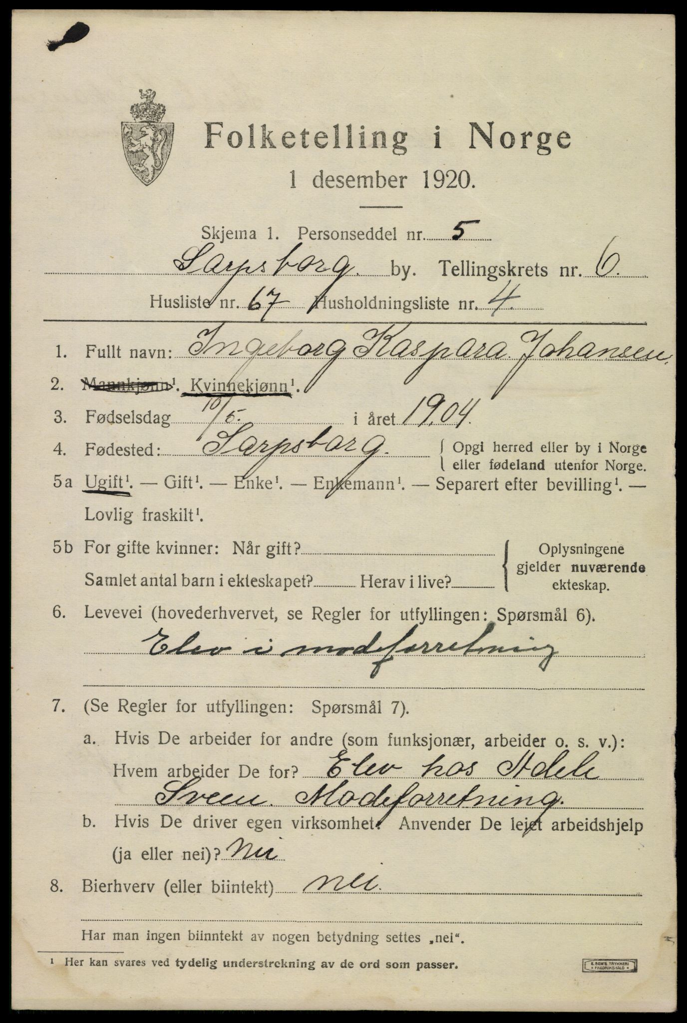 SAO, 1920 census for Sarpsborg, 1920, p. 16026