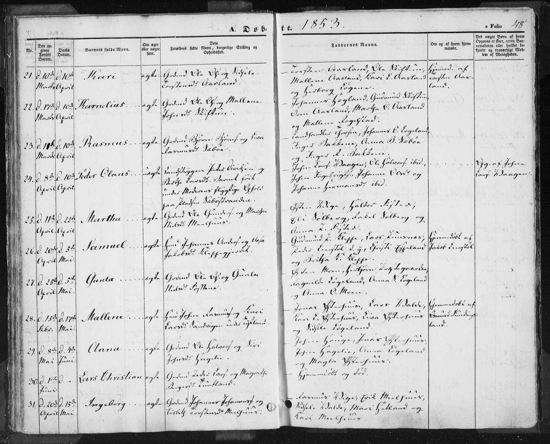 Hjelmeland sokneprestkontor, AV/SAST-A-101843/01/IV/L0009: Parish register (official) no. A 9, 1846-1860, p. 48