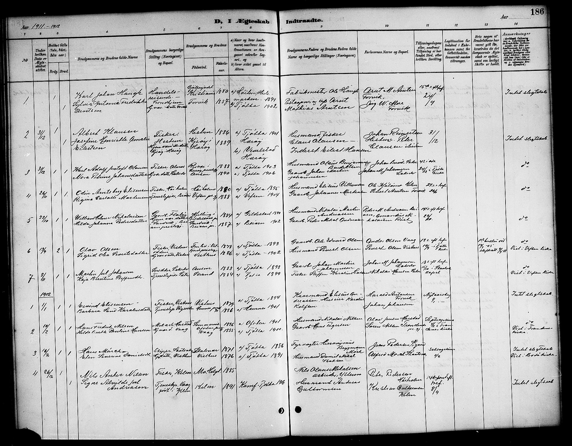 Ministerialprotokoller, klokkerbøker og fødselsregistre - Nordland, SAT/A-1459/819/L0277: Parish register (copy) no. 819C03, 1888-1917, p. 186