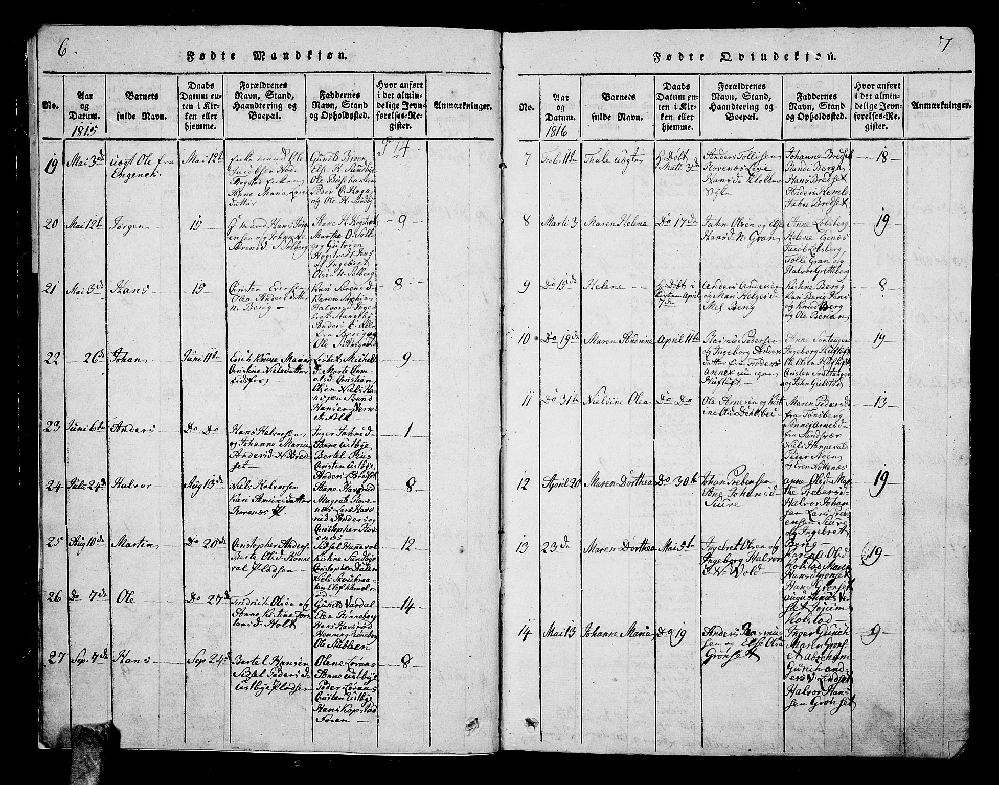 Hof kirkebøker, AV/SAKO-A-64/G/Ga/L0001: Parish register (copy) no. I 1, 1814-1844, p. 6-7