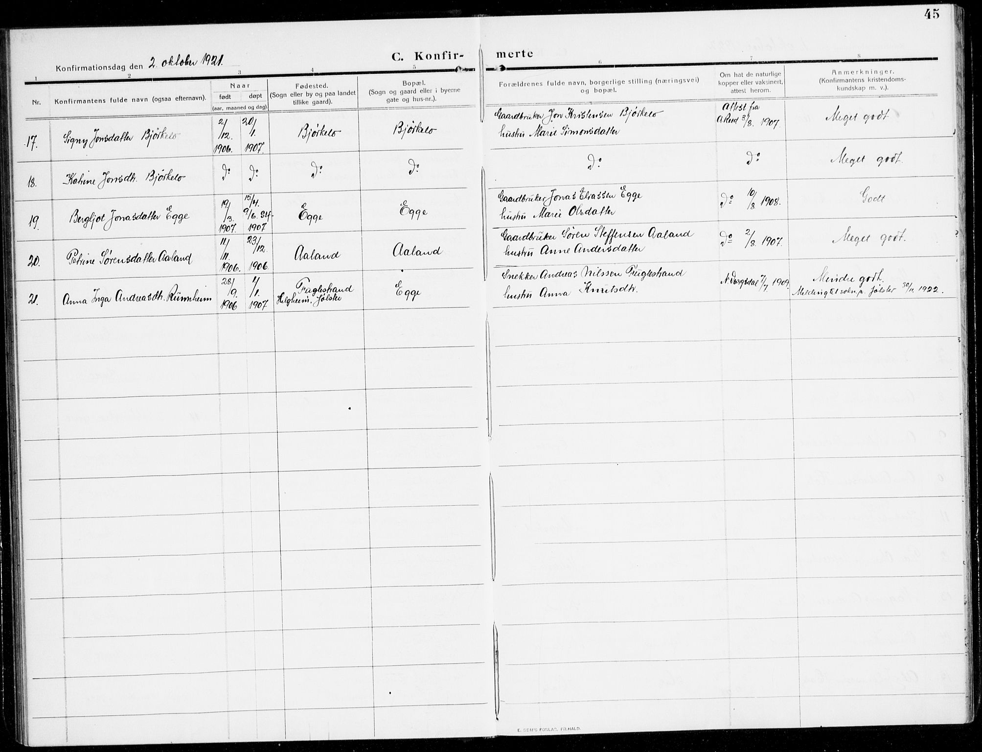 Gloppen sokneprestembete, SAB/A-80101/H/Hac/L0004: Curate's parish register no. A 4, 1909-1923, p. 45