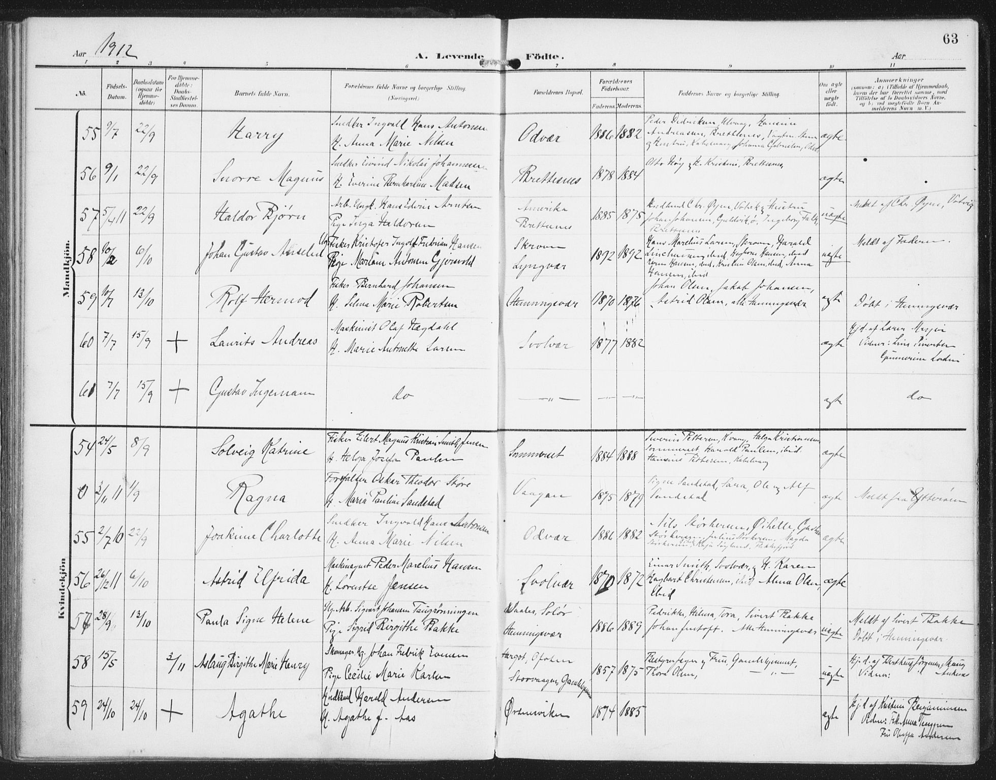 Ministerialprotokoller, klokkerbøker og fødselsregistre - Nordland, AV/SAT-A-1459/874/L1063: Parish register (official) no. 874A07, 1907-1915, p. 63