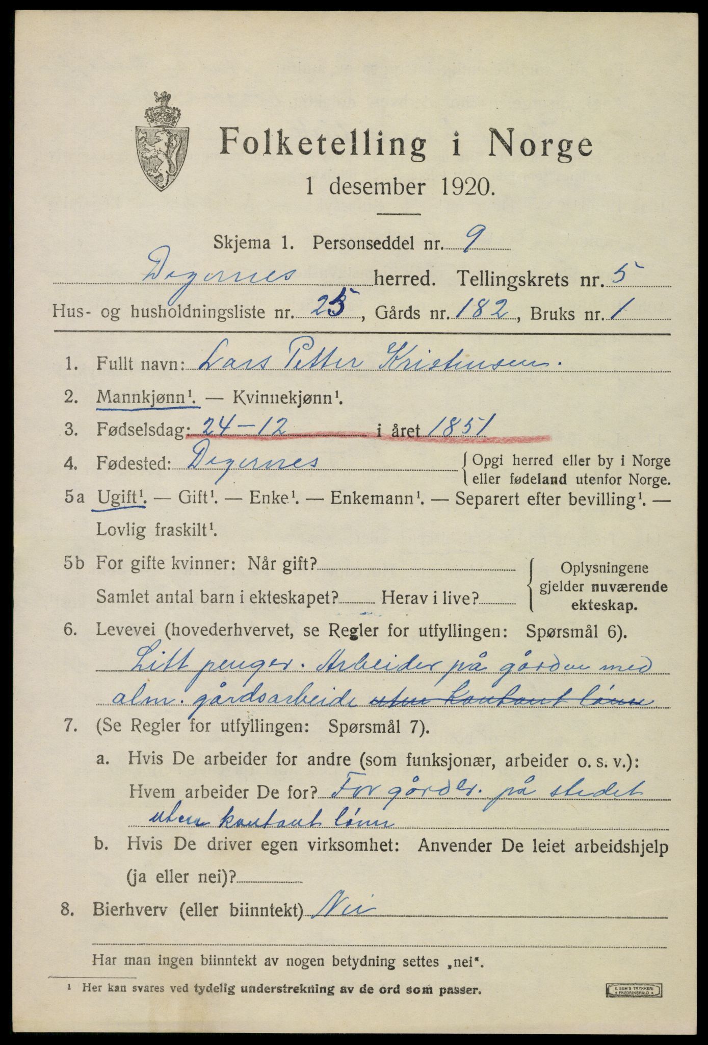 SAO, 1920 census for Degernes, 1920, p. 3074