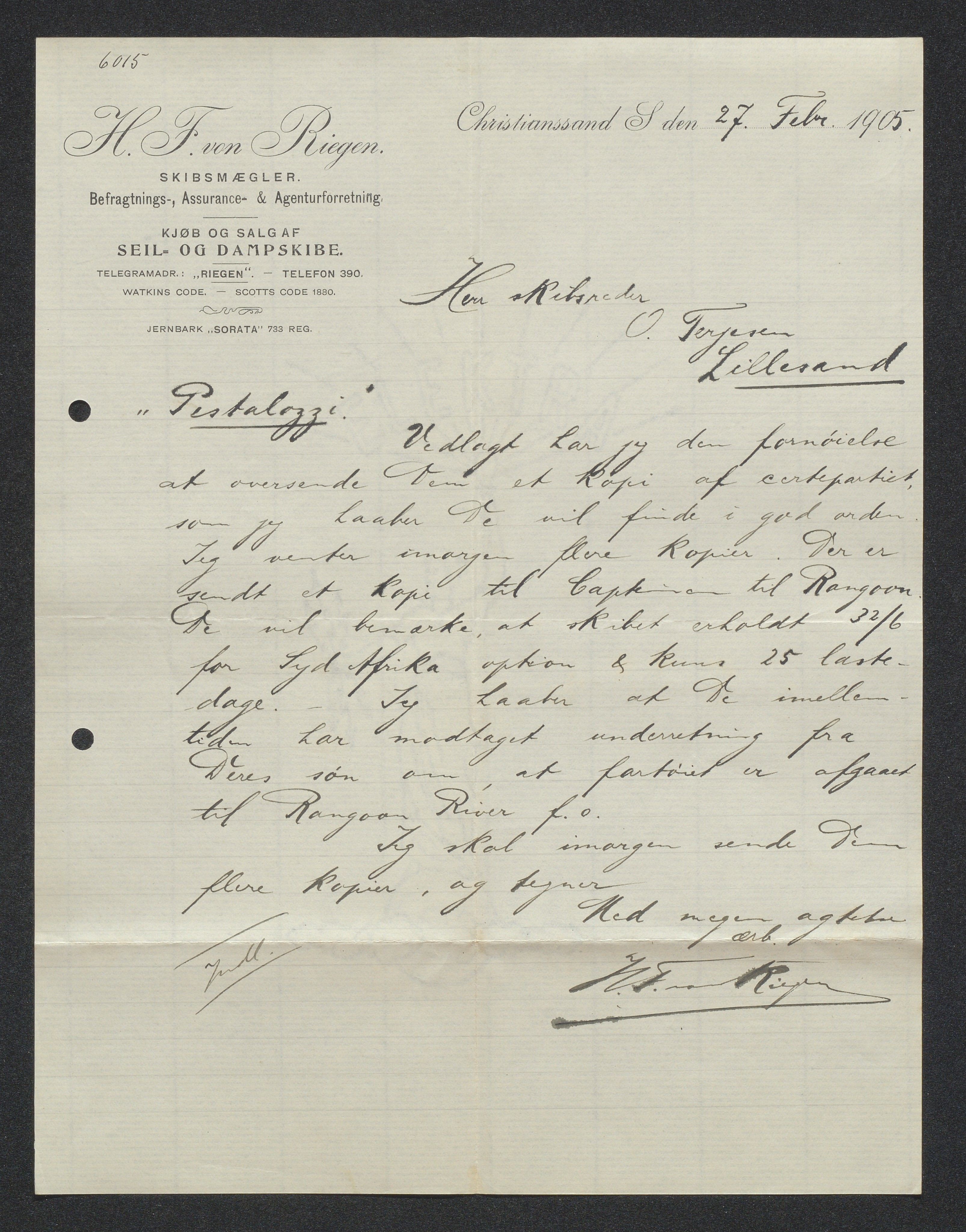 O. Terjesens rederi, AAKS/PA-2525/E/E01/L0013: Korrespondanse, 1904-1905