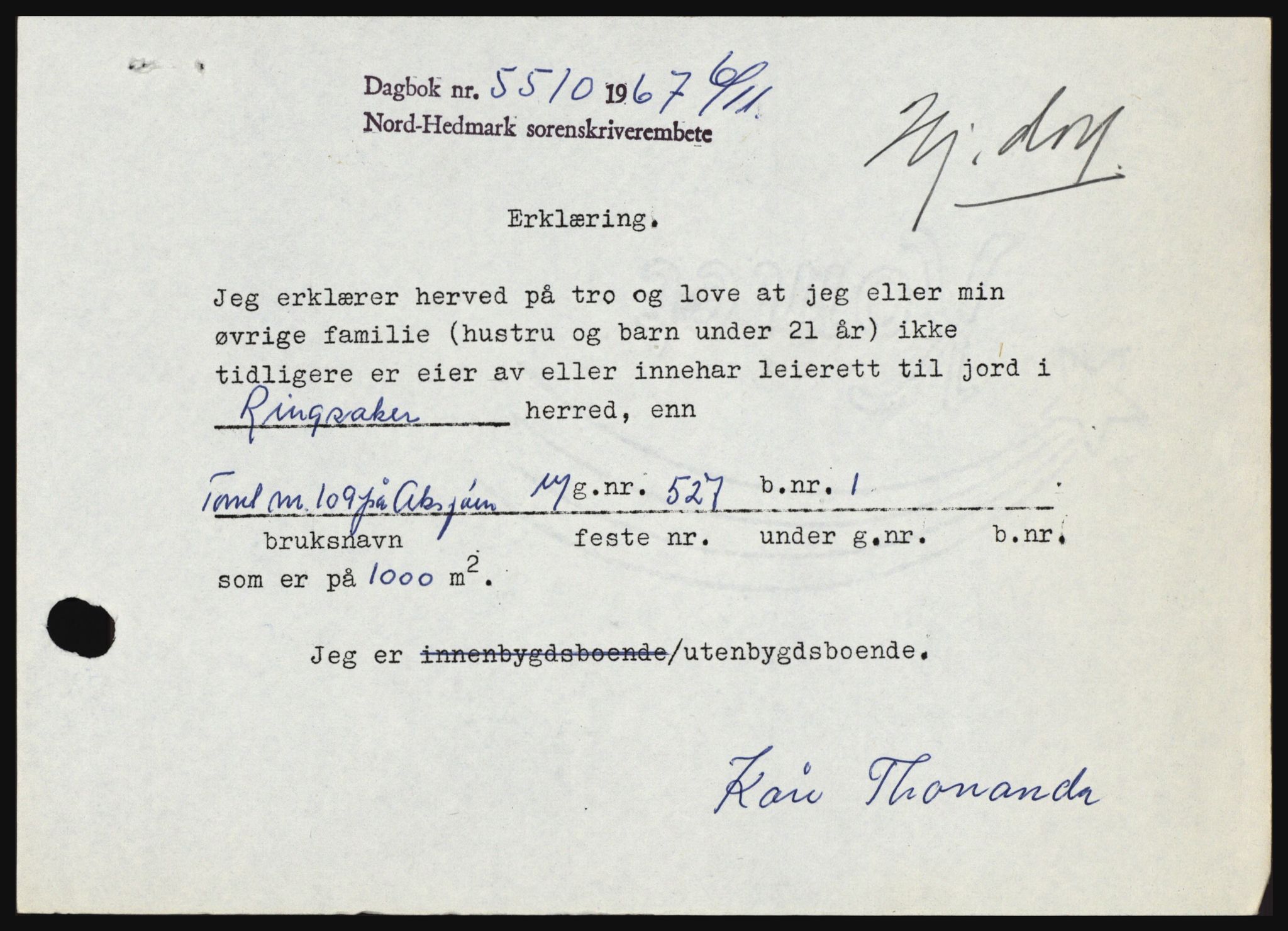 Nord-Hedmark sorenskriveri, SAH/TING-012/H/Hc/L0027: Mortgage book no. 27, 1967-1968, Diary no: : 5510/1967
