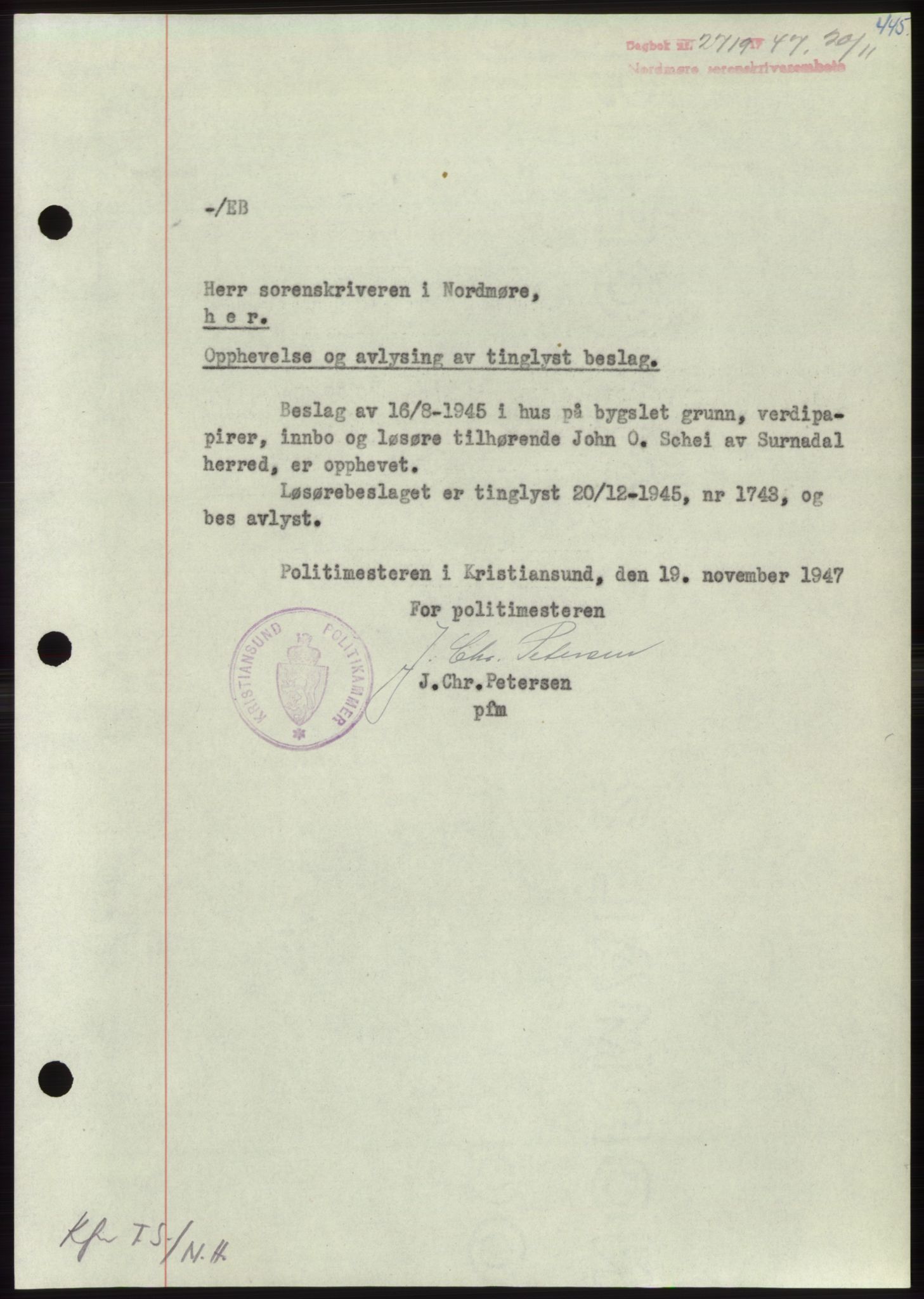 Nordmøre sorenskriveri, AV/SAT-A-4132/1/2/2Ca: Mortgage book no. B97, 1947-1948, Diary no: : 2719/1947