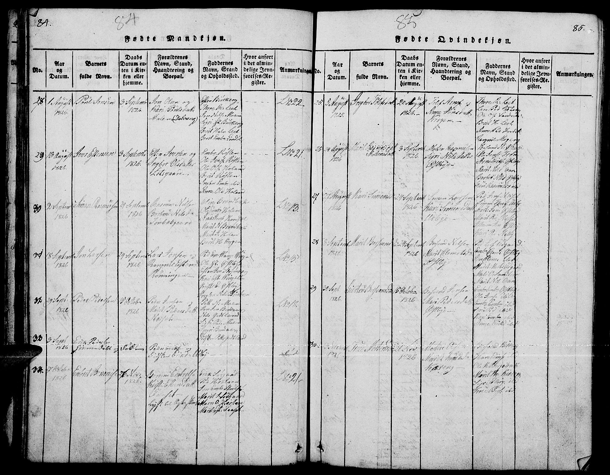 Tynset prestekontor, AV/SAH-PREST-058/H/Ha/Hab/L0001: Parish register (copy) no. 1, 1814-1859, p. 84-85