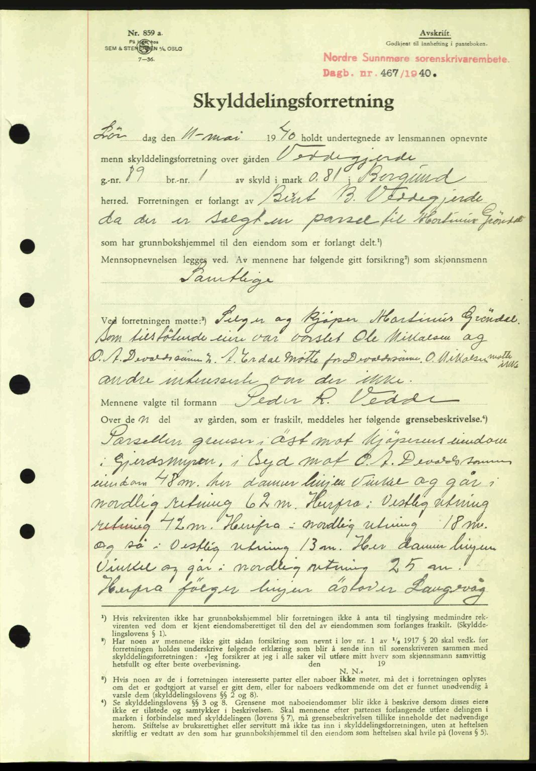 Nordre Sunnmøre sorenskriveri, AV/SAT-A-0006/1/2/2C/2Ca: Mortgage book no. A8, 1939-1940, Diary no: : 467/1940