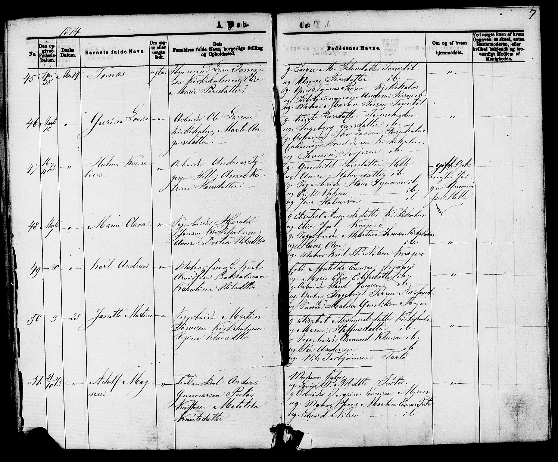 Skåtøy kirkebøker, AV/SAKO-A-304/F/Fa/L0001: Parish register (official) no. I 1, 1874-1883, p. 7
