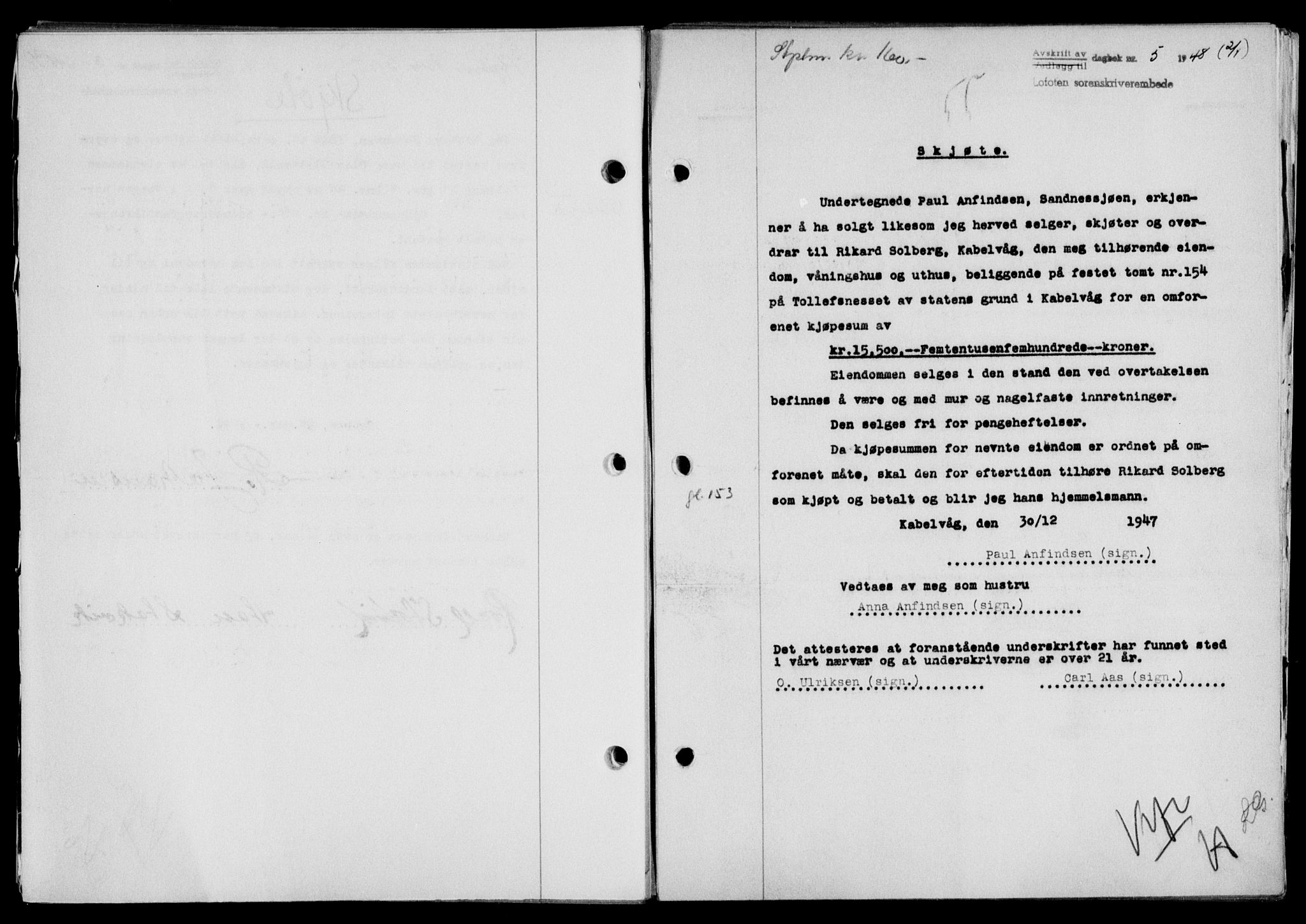 Lofoten sorenskriveri, SAT/A-0017/1/2/2C/L0017a: Mortgage book no. 17a, 1947-1948, Diary no: : 5/1948