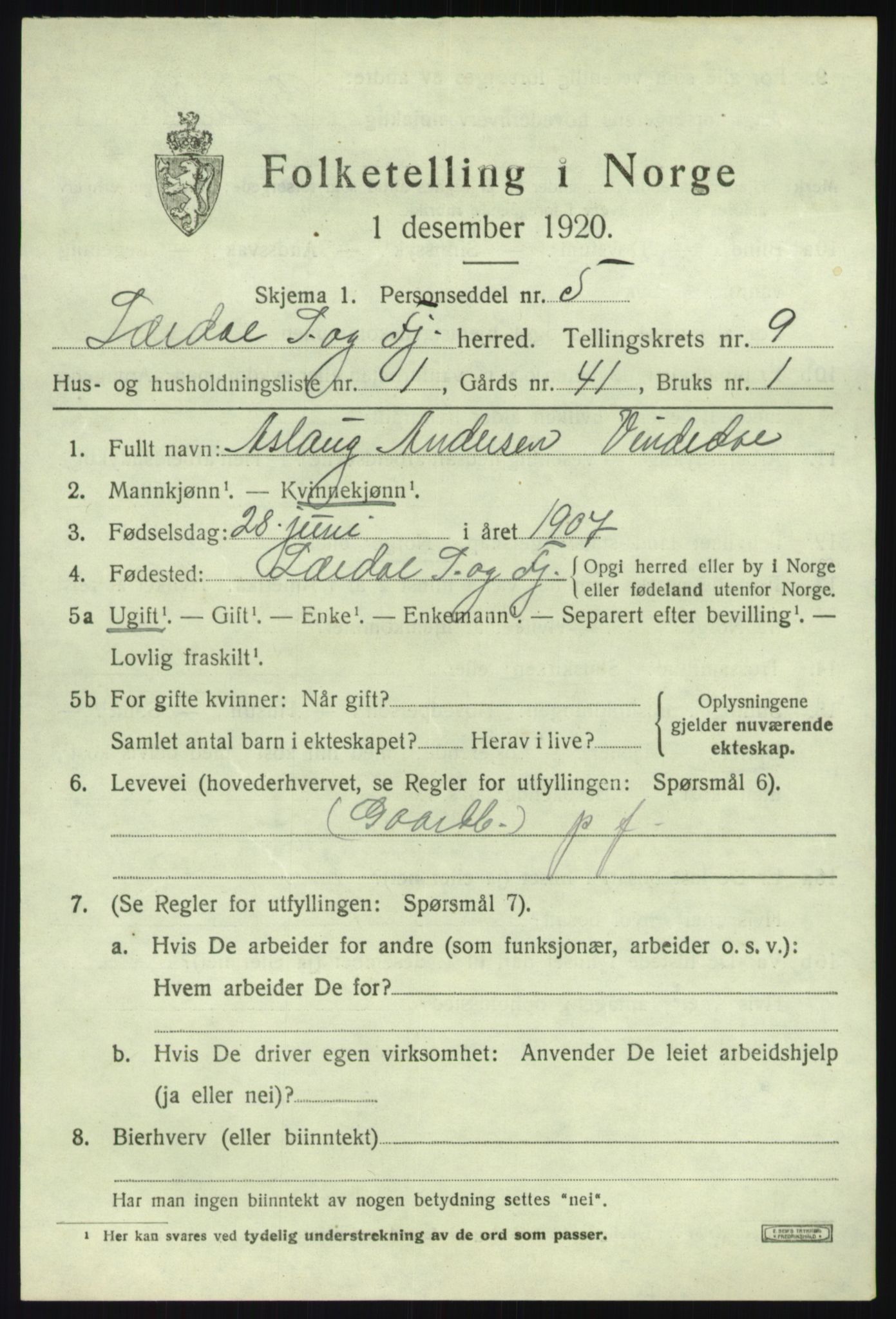 SAB, 1920 census for Lærdal, 1920, p. 4258