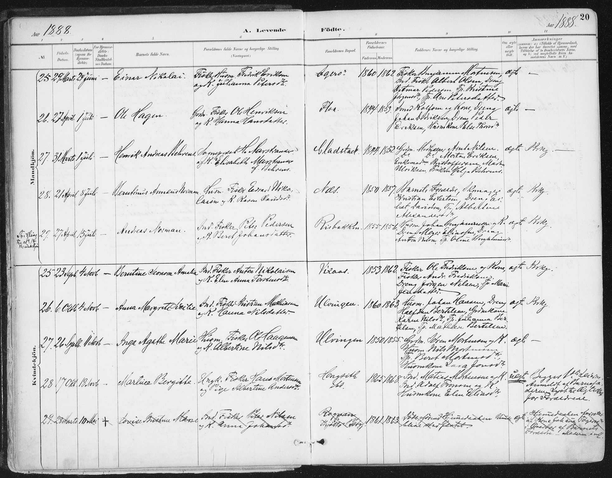 Ministerialprotokoller, klokkerbøker og fødselsregistre - Nordland, AV/SAT-A-1459/816/L0244: Parish register (official) no. 816A10, 1886-1903, p. 20