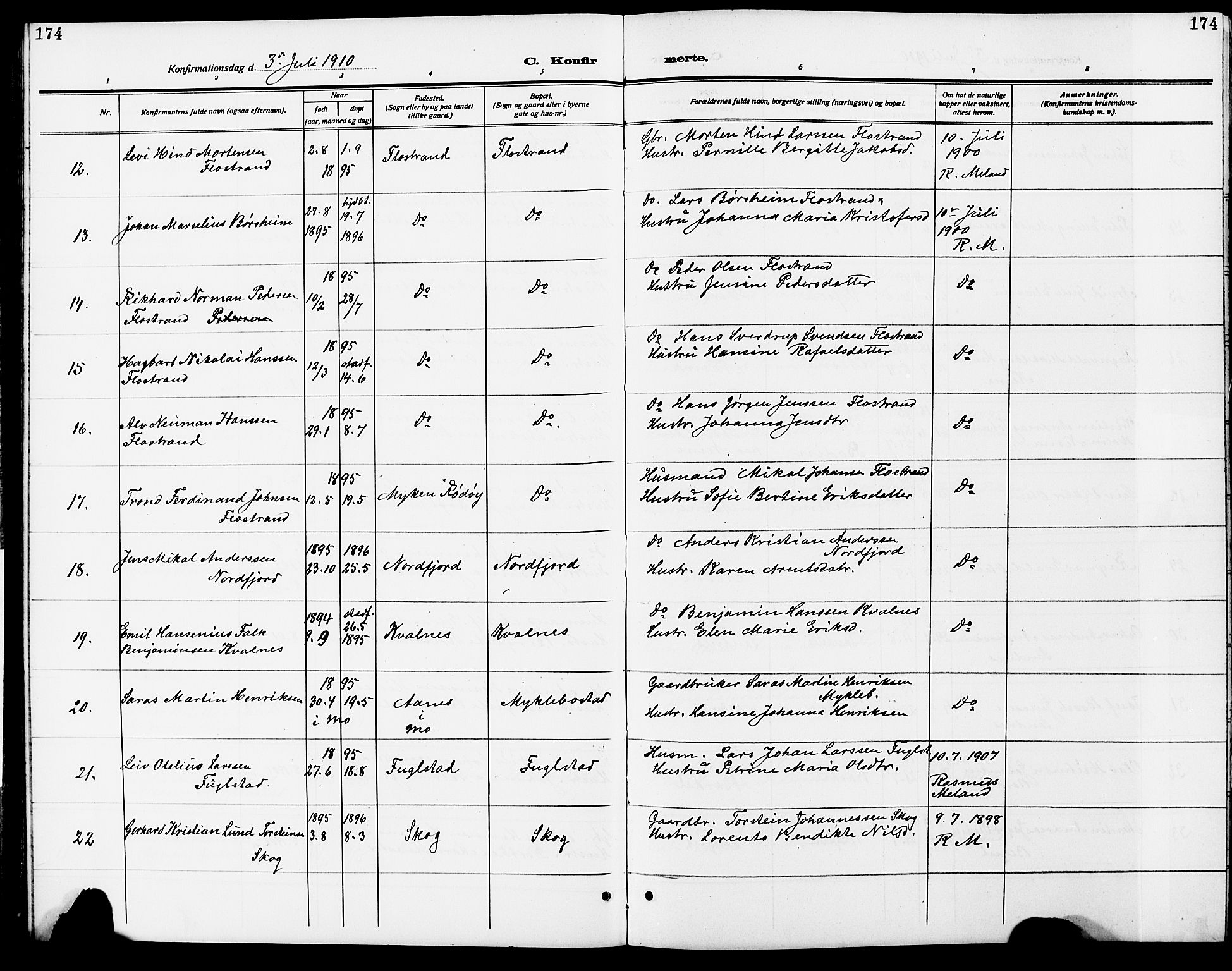 Ministerialprotokoller, klokkerbøker og fødselsregistre - Nordland, AV/SAT-A-1459/838/L0560: Parish register (copy) no. 838C07, 1910-1928, p. 174