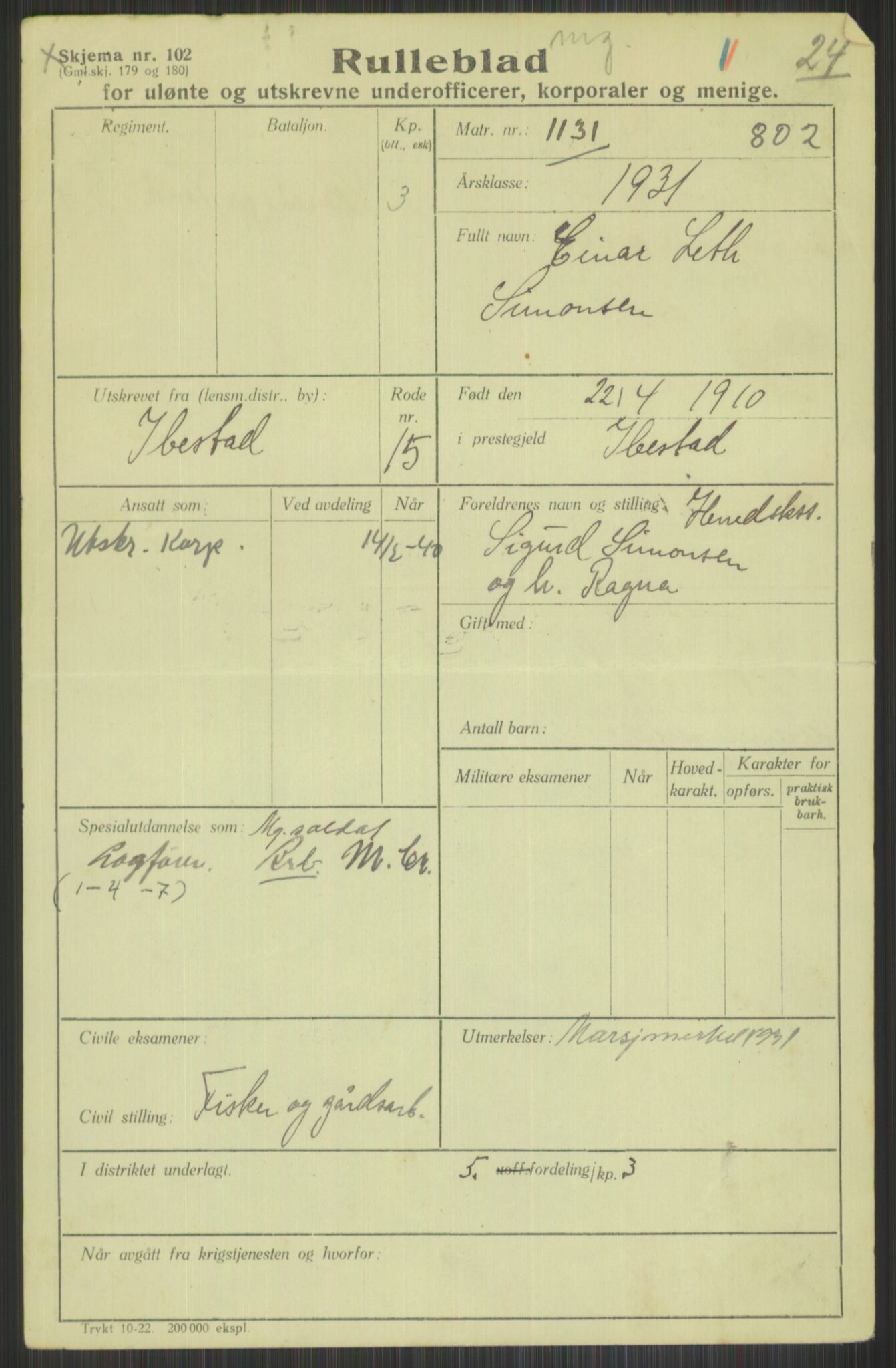 Forsvaret, Troms infanteriregiment nr. 16, AV/RA-RAFA-3146/P/Pa/L0015: Rulleblad for regimentets menige mannskaper, årsklasse 1931, 1931, p. 1075