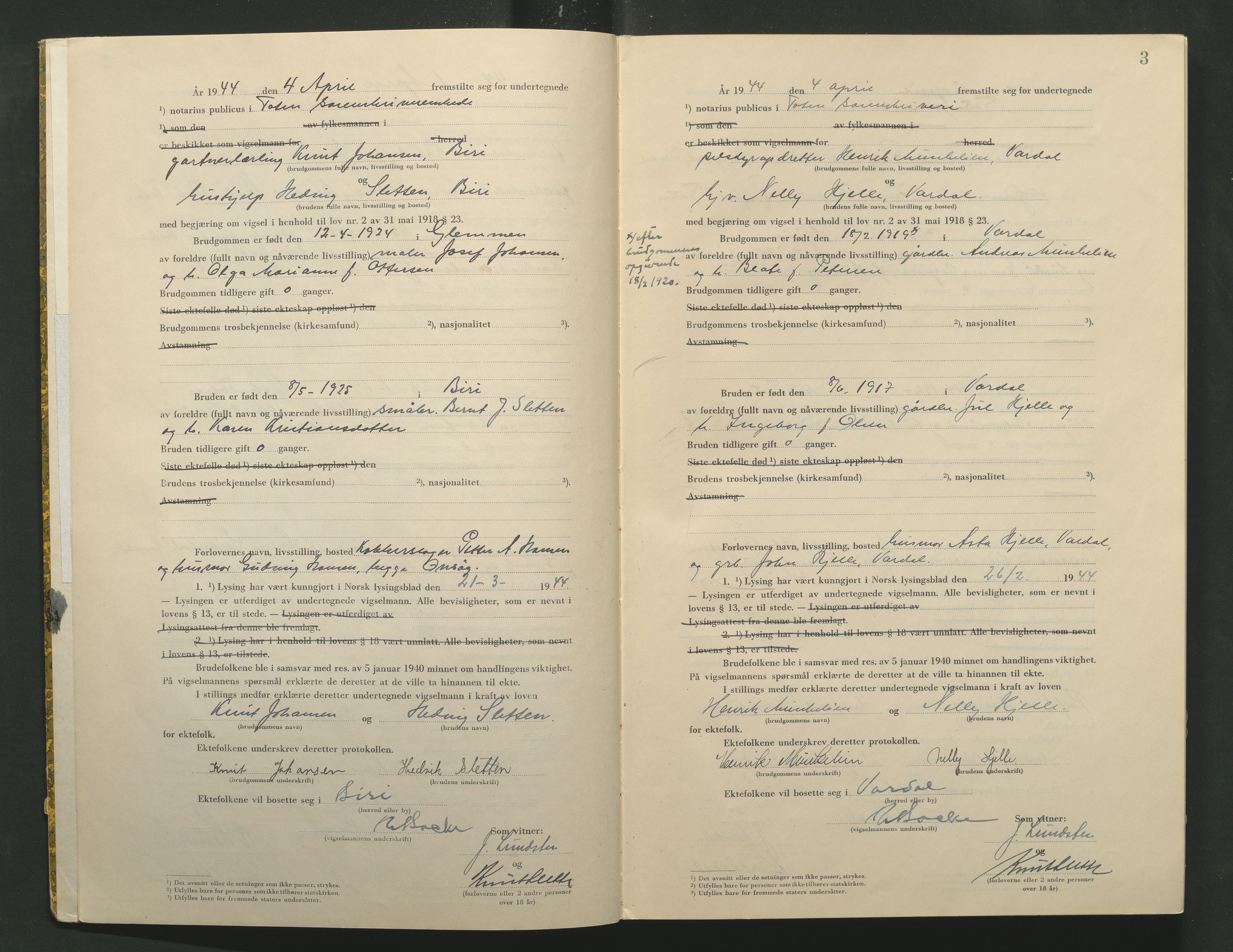 Toten tingrett, AV/SAH-TING-006/L/Lc/L0004: Vigselbok, 1944, p. 3