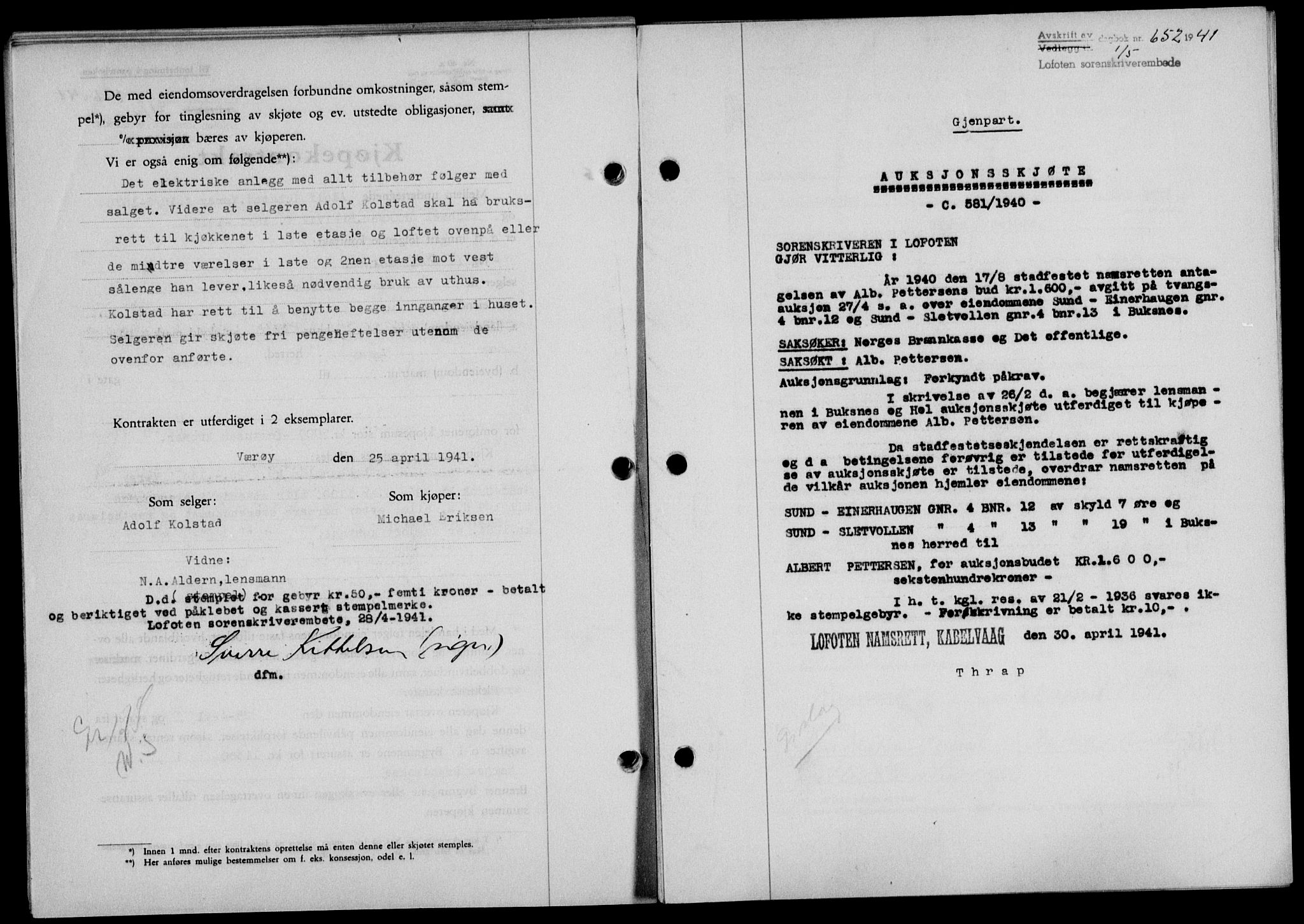 Lofoten sorenskriveri, SAT/A-0017/1/2/2C/L0008a: Mortgage book no. 8a, 1940-1941, Diary no: : 652/1941