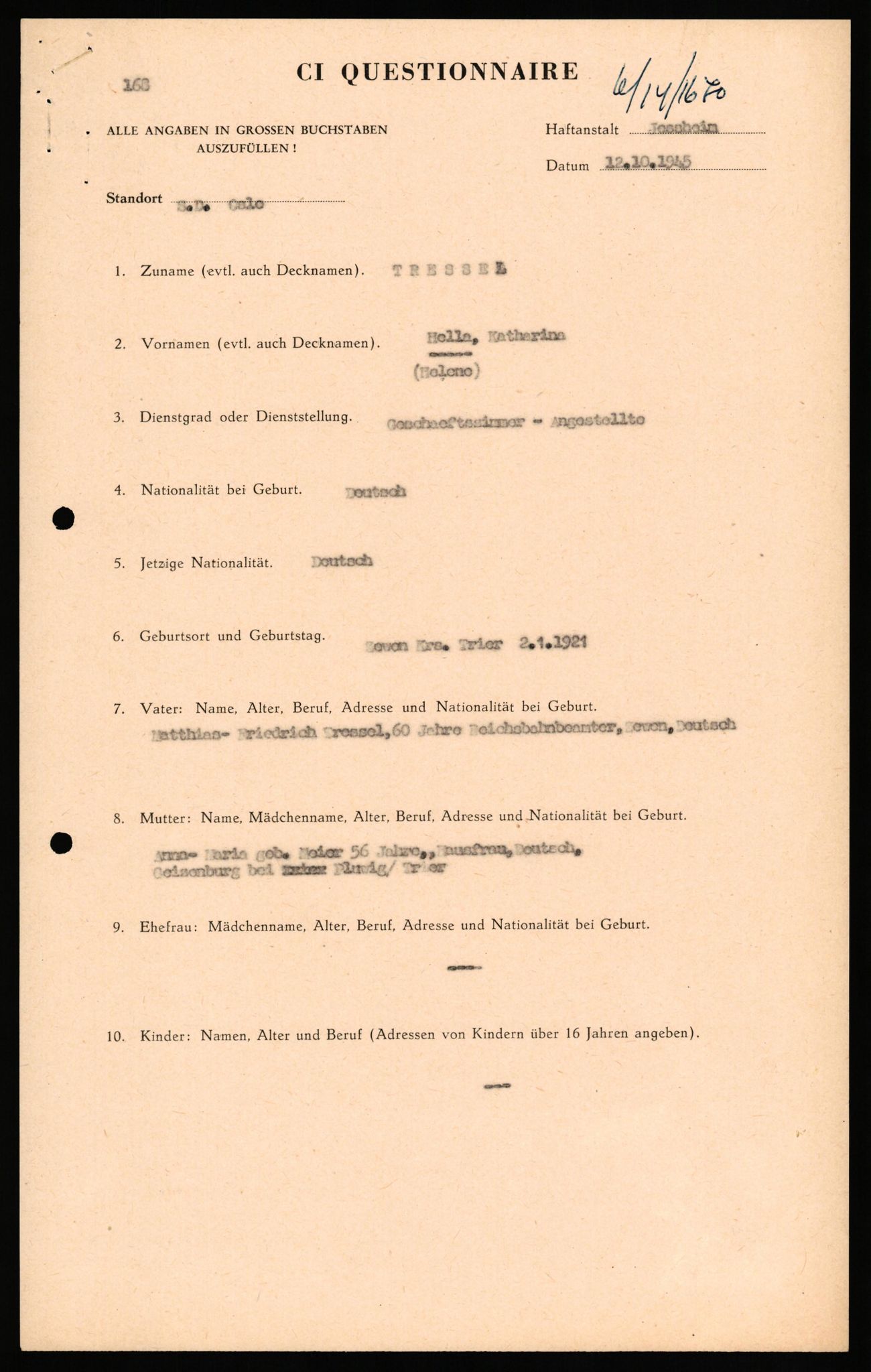 Forsvaret, Forsvarets overkommando II, AV/RA-RAFA-3915/D/Db/L0034: CI Questionaires. Tyske okkupasjonsstyrker i Norge. Tyskere., 1945-1946, p. 56