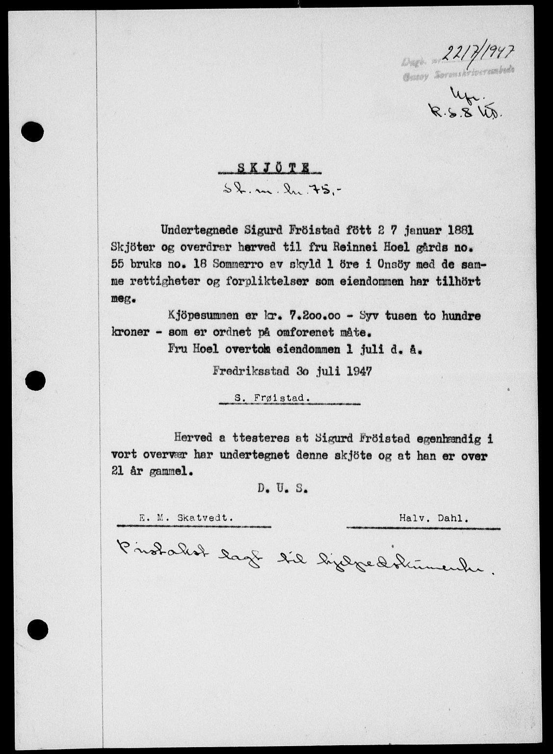 Onsøy sorenskriveri, SAO/A-10474/G/Ga/Gab/L0021: Mortgage book no. II A-21, 1947-1947, Diary no: : 2217/1947
