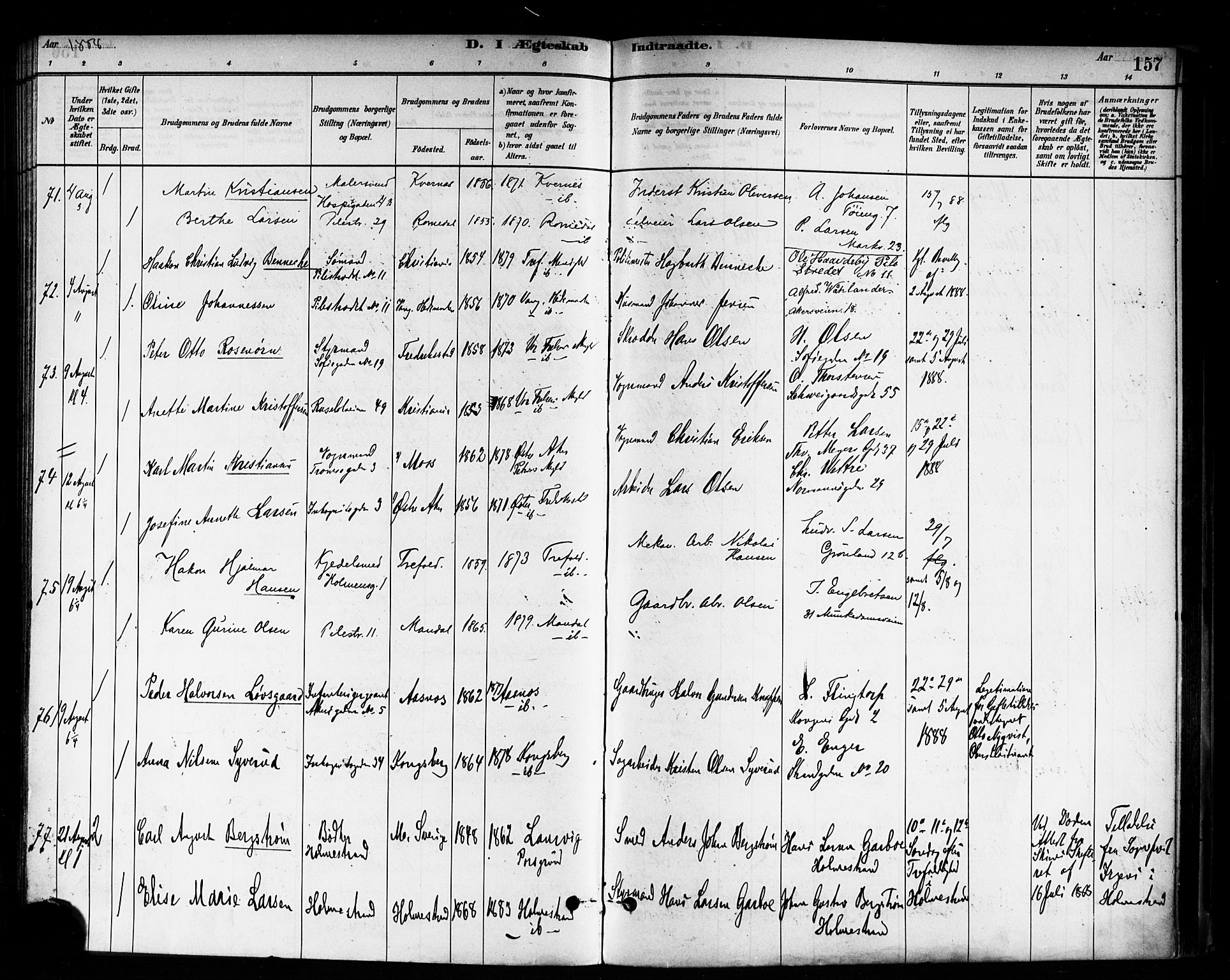 Trefoldighet prestekontor Kirkebøker, SAO/A-10882/F/Fc/L0003: Parish register (official) no. III 3, 1881-1891, p. 157