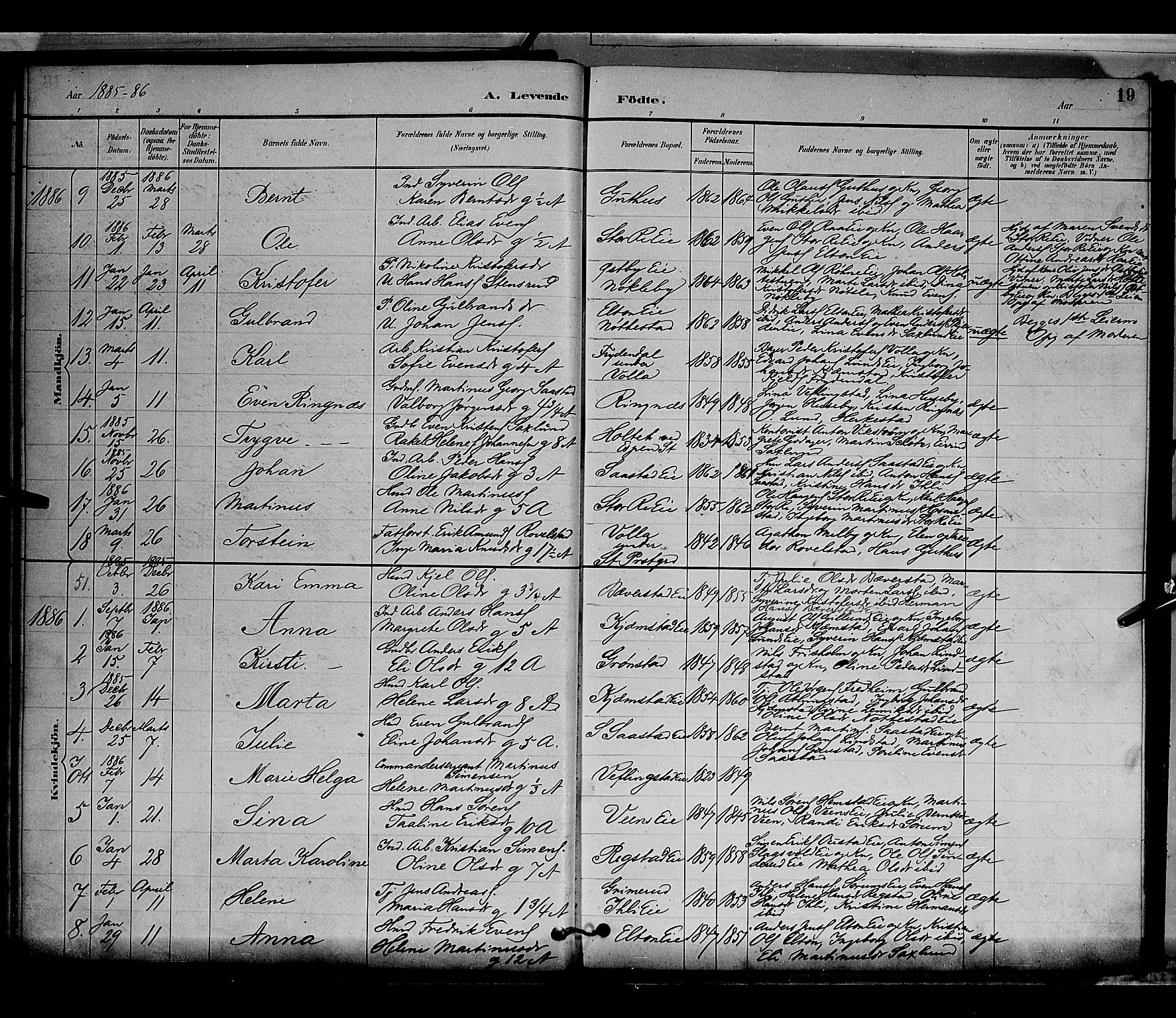 Stange prestekontor, AV/SAH-PREST-002/L/L0009: Parish register (copy) no. 9, 1883-1899, p. 19