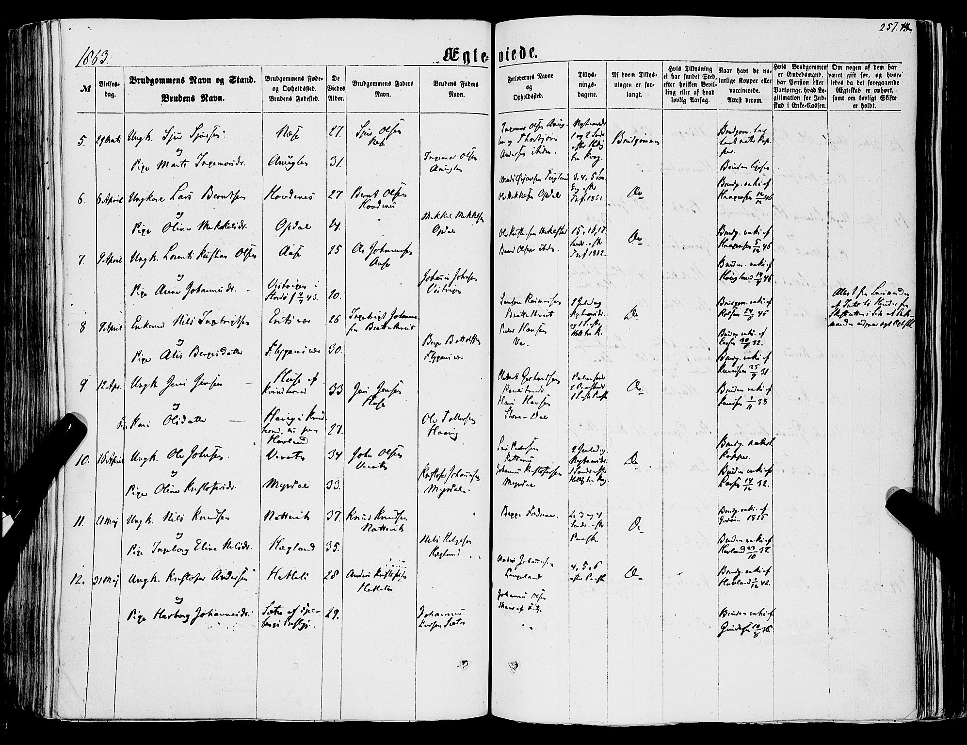 Tysnes sokneprestembete, AV/SAB-A-78601/H/Haa: Parish register (official) no. A 11, 1860-1871, p. 257