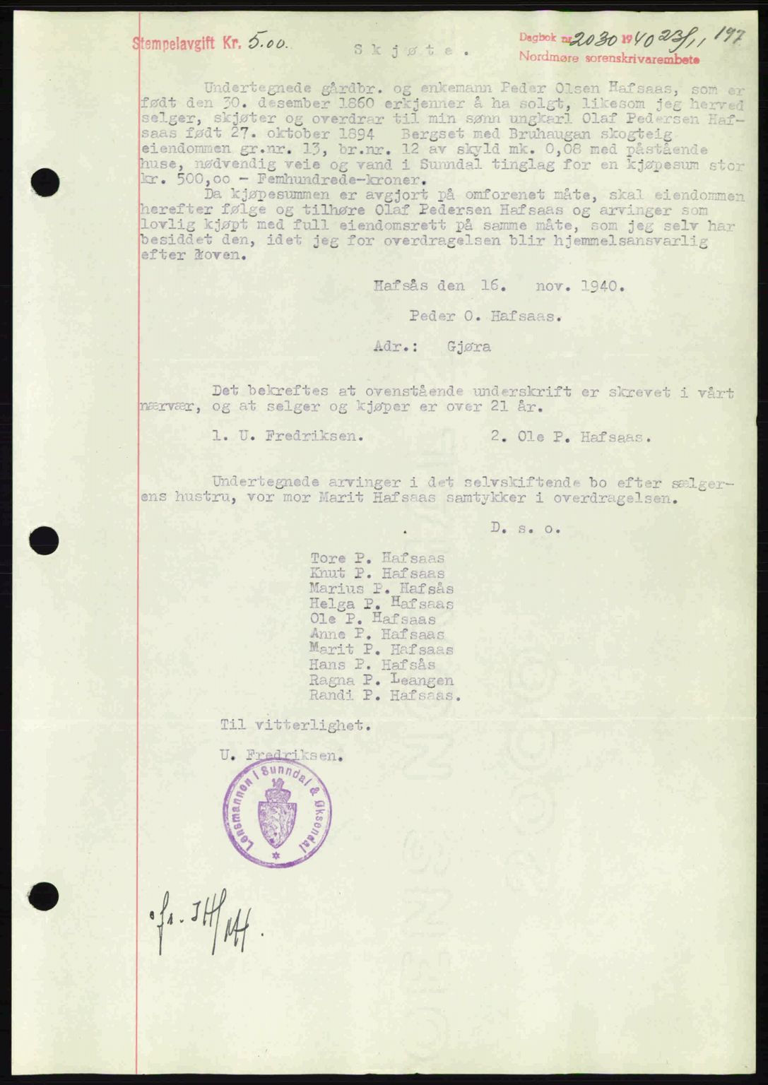 Nordmøre sorenskriveri, SAT/A-4132/1/2/2Ca: Mortgage book no. A89, 1940-1941, Diary no: : 2030/1940