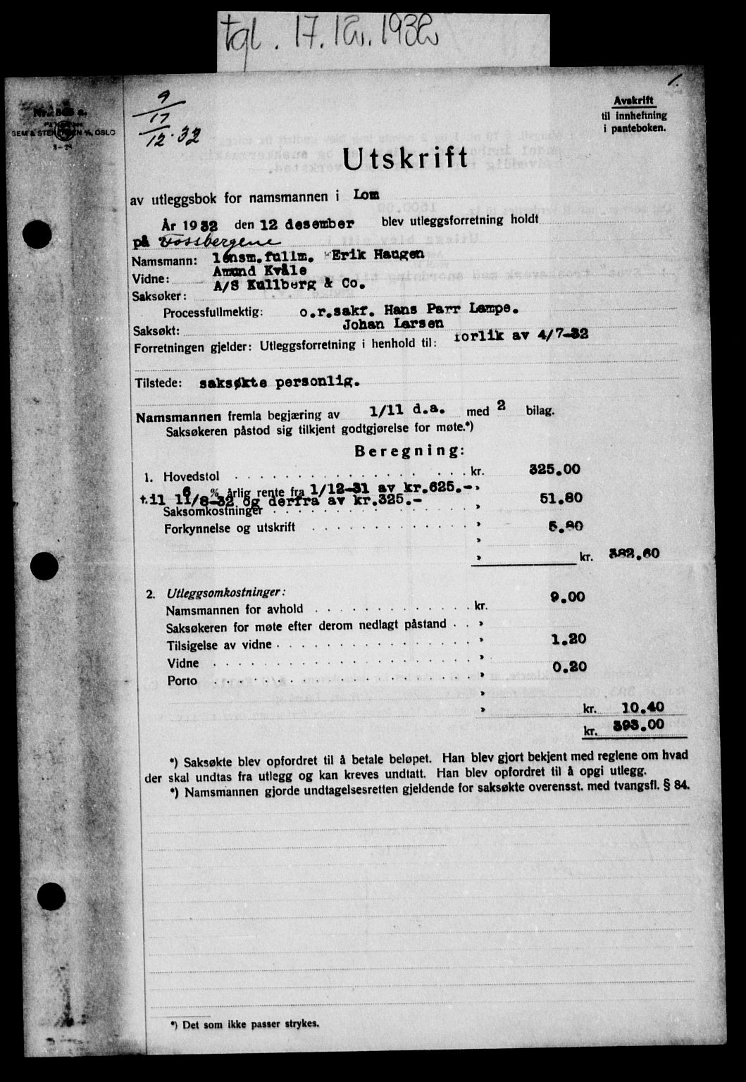 Nord-Gudbrandsdal tingrett, AV/SAH-TING-002/H/Hb/Hba/L0040: Mortgage book no. 40, 1932-1933, p. 1