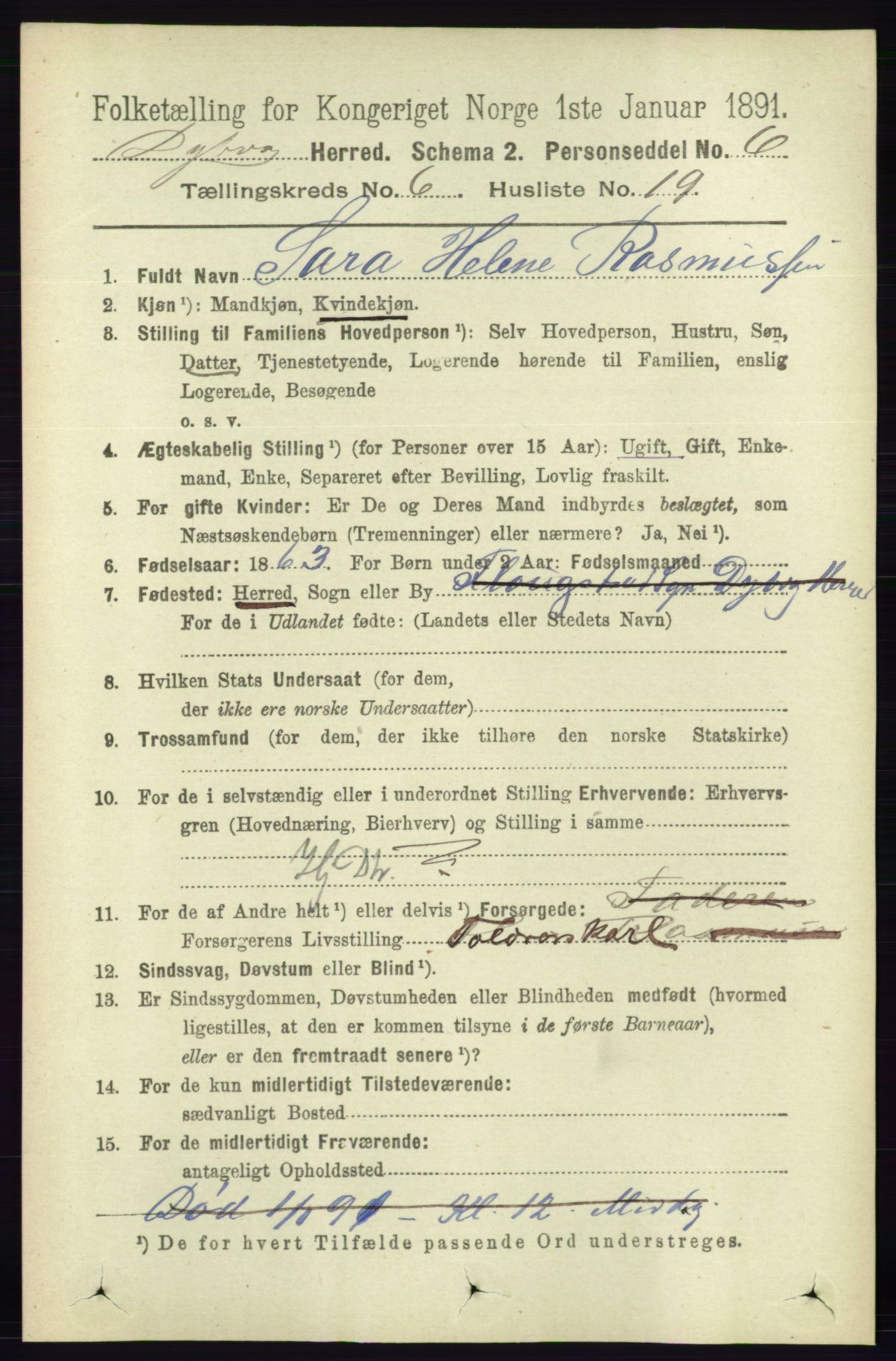 RA, 1891 census for 0915 Dypvåg, 1891, p. 1895